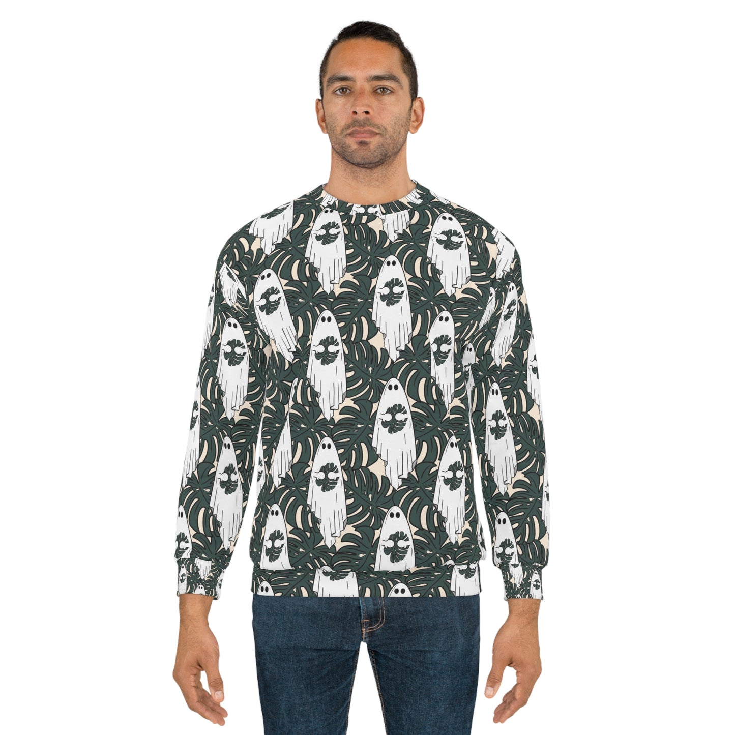 Monstera leaves and cute ghost Unisex Sweatshirt for plant lover and Halloween lover. LIMITED TIME.