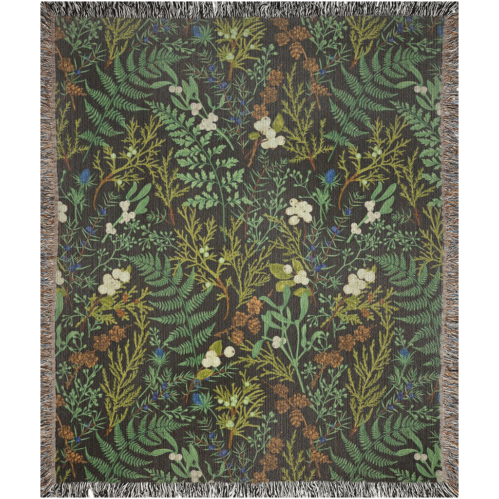 Fern Leaves Woven Blanket. Plant Leaves With green foliage and evergreen plants blanket. Forest deco. Botanical blanket