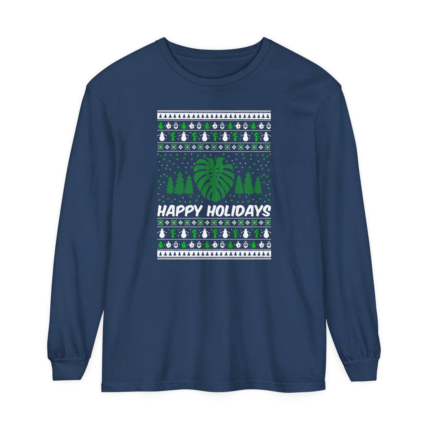 Happy holidays ugly sweater Unisex Jersey Long Sleeve Tee. Christmas ugly sweater with monstera leaf and snow flakes.