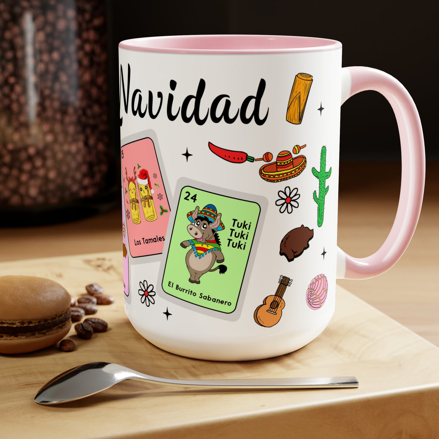 Feliz navidad Coffee Mugs, 15oz for Mexican family or Latin friend. Mexica cup for him or her. El burrito sabanero, los tamales, el Santa.