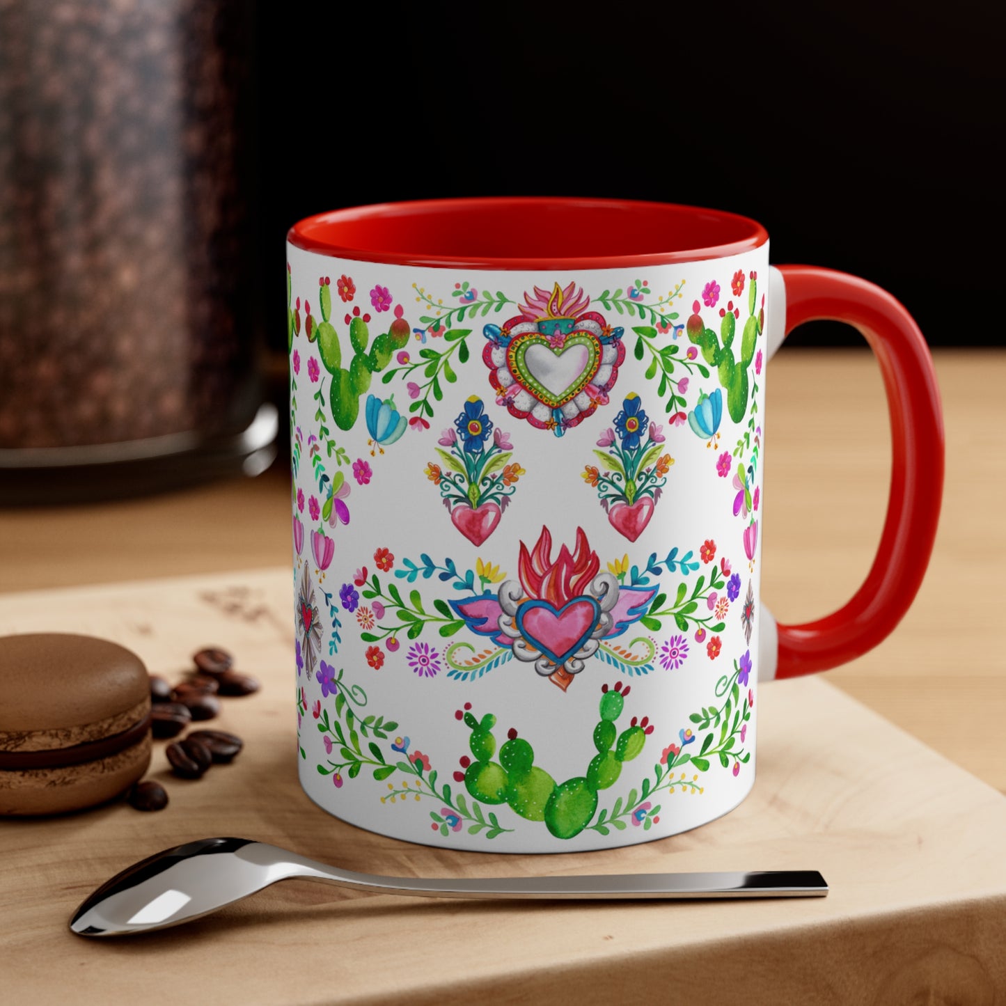 Sacred hearts and cactus Coffee Mug, 11oz. Mexican folk art mug