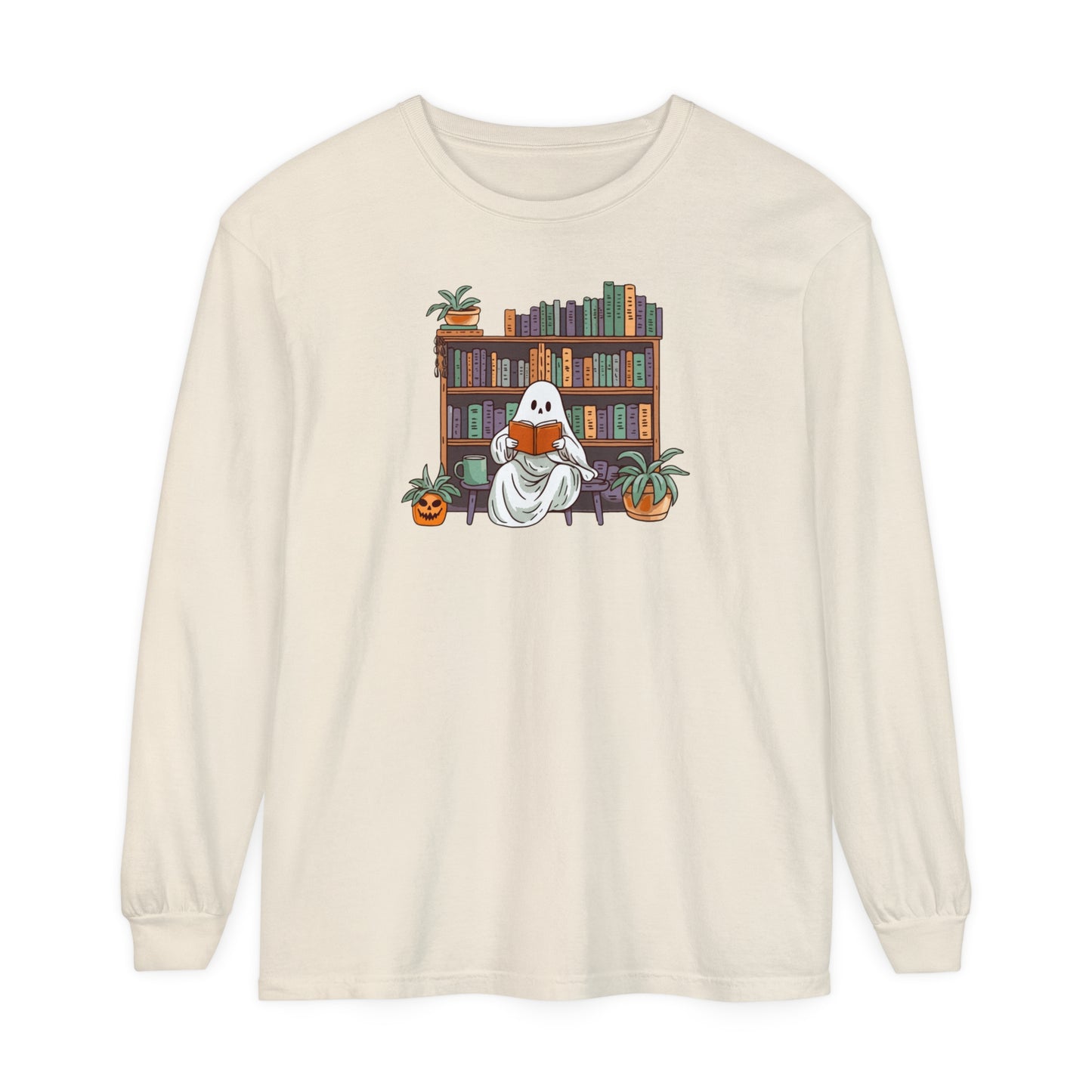 Ghost reading Unisex Long Sleeve T-Shirt for spooky season and book lover. Comfort color tee. Bookworm gift, Halloween gift