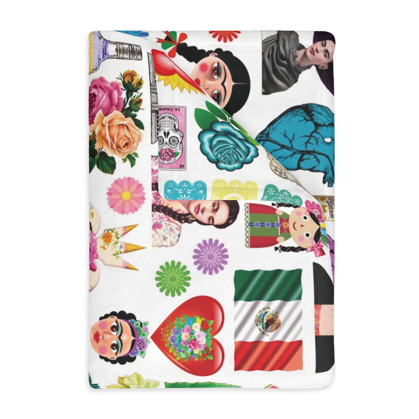 Mexican folk art with Frida Khalo, milagritos and more Mexican art. Mexican blanket 80x60β soft and printed on both sides.
