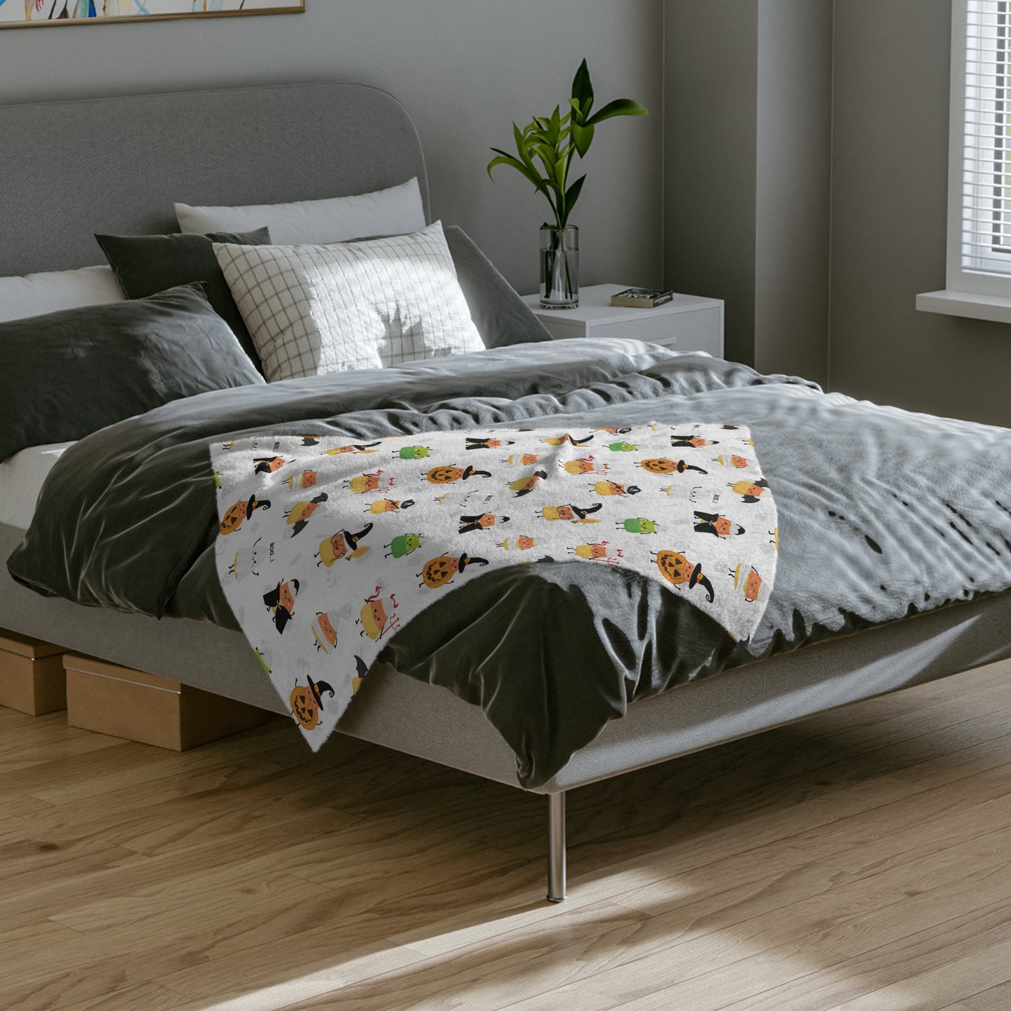 Halloween Blanket with candy corn for spooky season. Candy corns with Halloween costumes for Halloween lovers