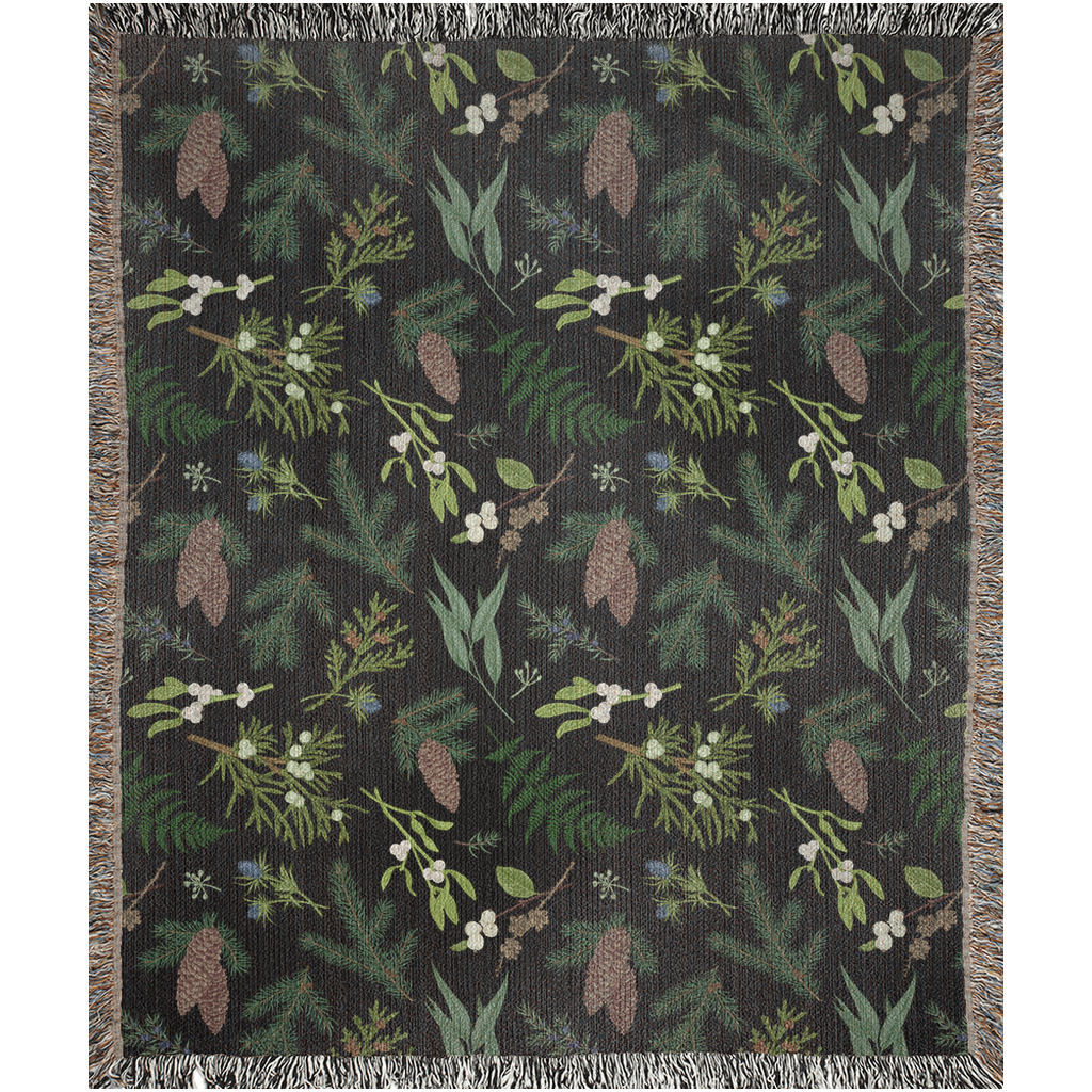 Botanical Throw Blanket With Plants And PineCones Woven Blanket. Plant Leaves With Green Foliage And Evergreen Plants Blanket. Forest Deco