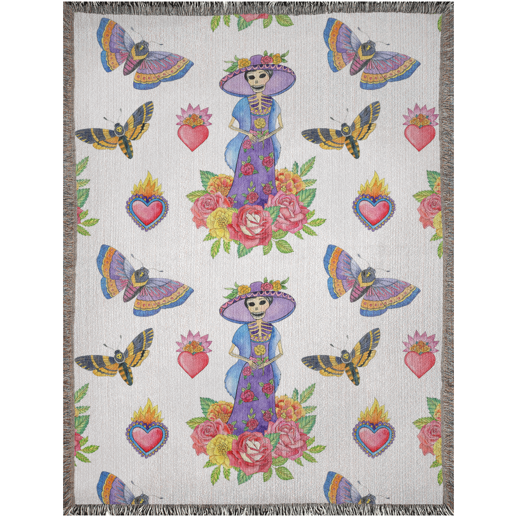 Catrina, moths and cempazuchitl flower Woven Blankets. Mexican blanket. Mexican folk art