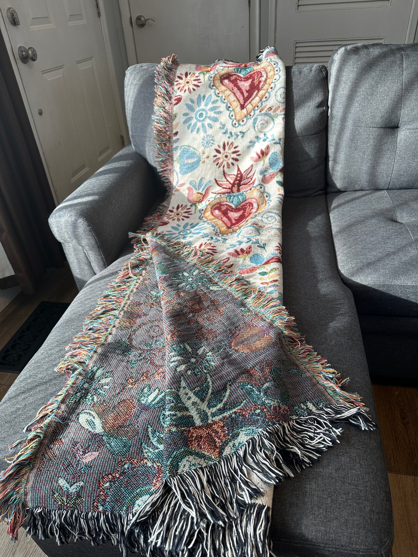 Sacred hearts with blue flowers Woven Blankets. Mexican folk blanket for her. Sagrado corazon. Milagritos cobija
