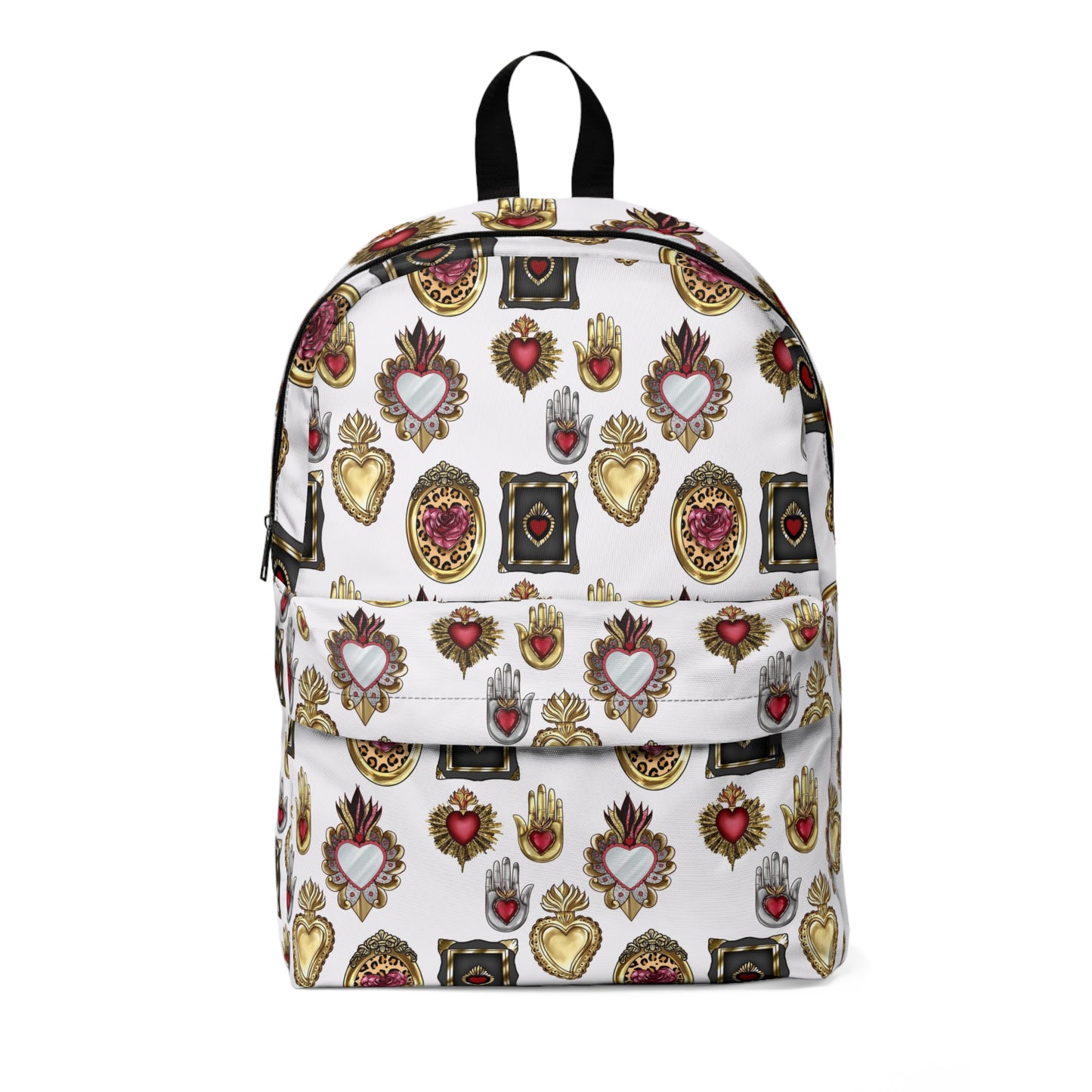 Sacred hearts Backpack for her. Back to school 2023 with this Mexican book bag. Golden, white, black and red backpack with holy hearts.