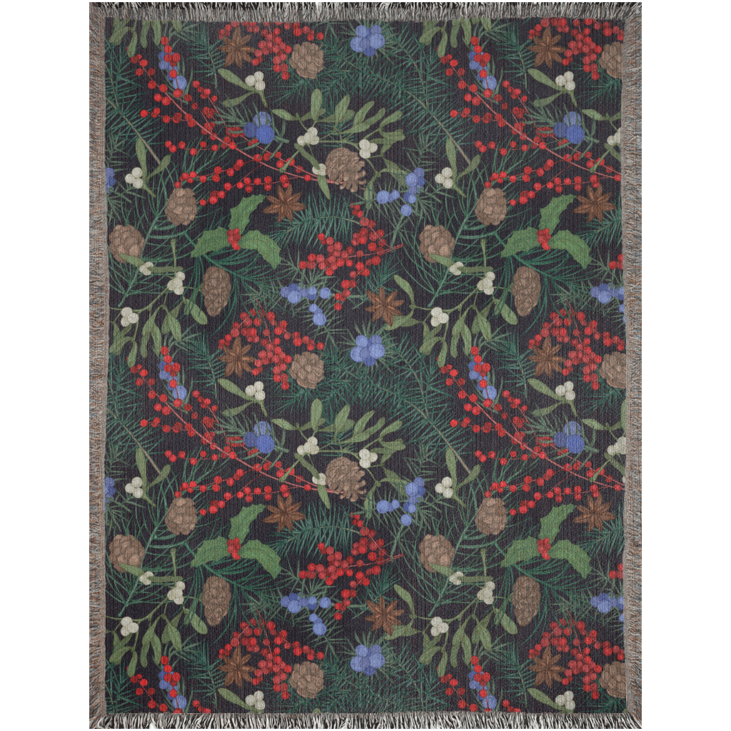 Winter Plant Woven Blanket With Pinecones, Winterberry, Fern Stems. Botanical Home Decor.