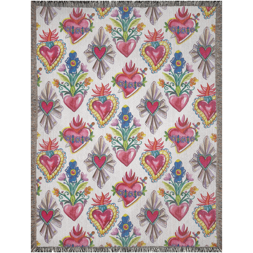 Sacred hearts art woven blanket for her or him. Mexican folk art tapestry. Mexican blanket with sagrado corazon.