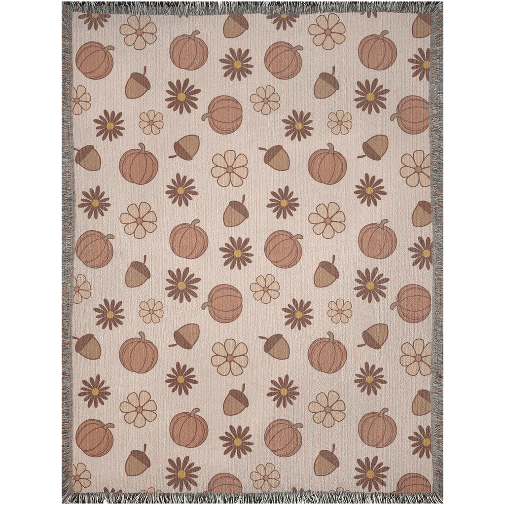 Fall Woven Blanket with pumpkins, acorn and flowers. Autumn home decor.
