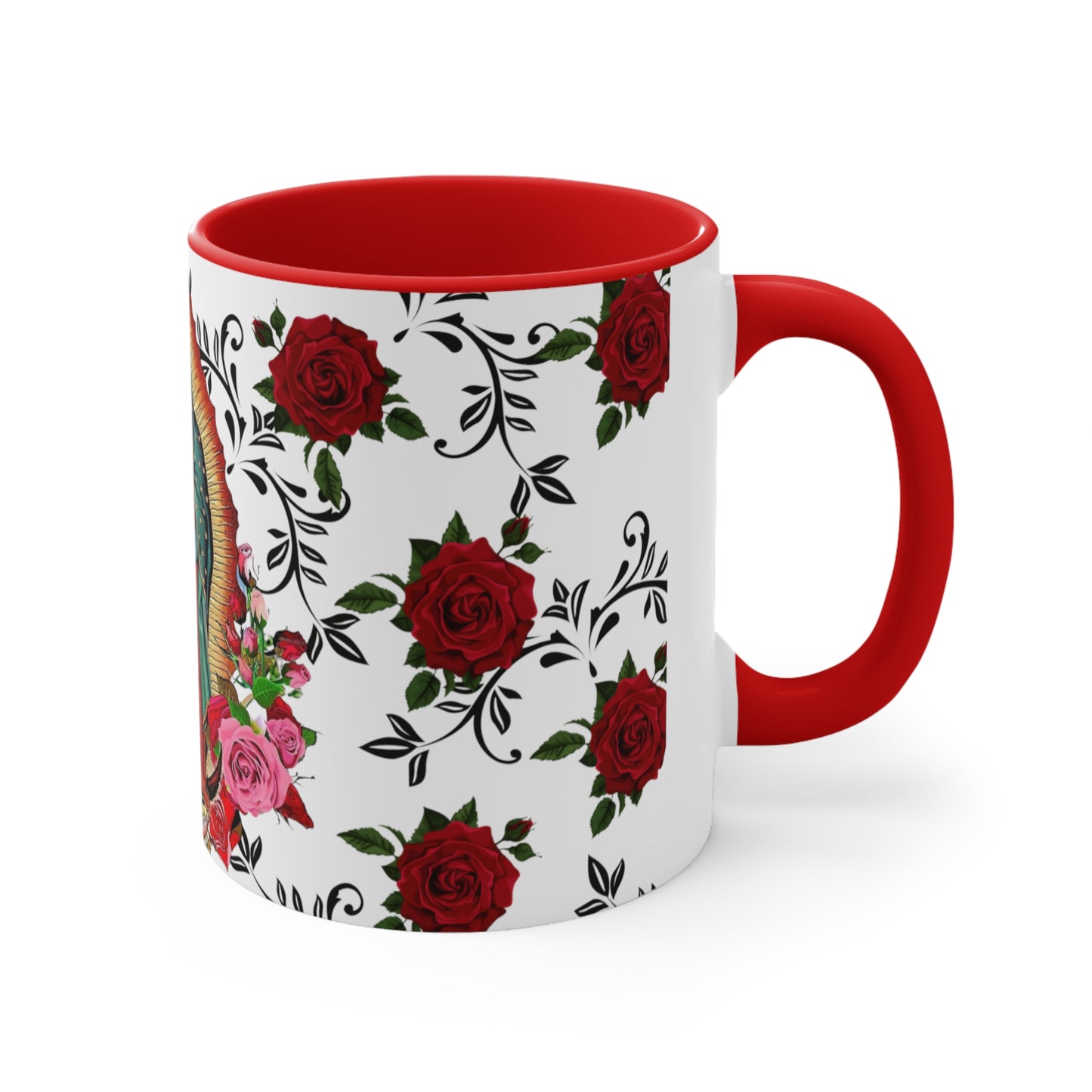 Virgen de Guadalupe Coffee Mug, 11oz. Lady guadalupe with roses and leaves.