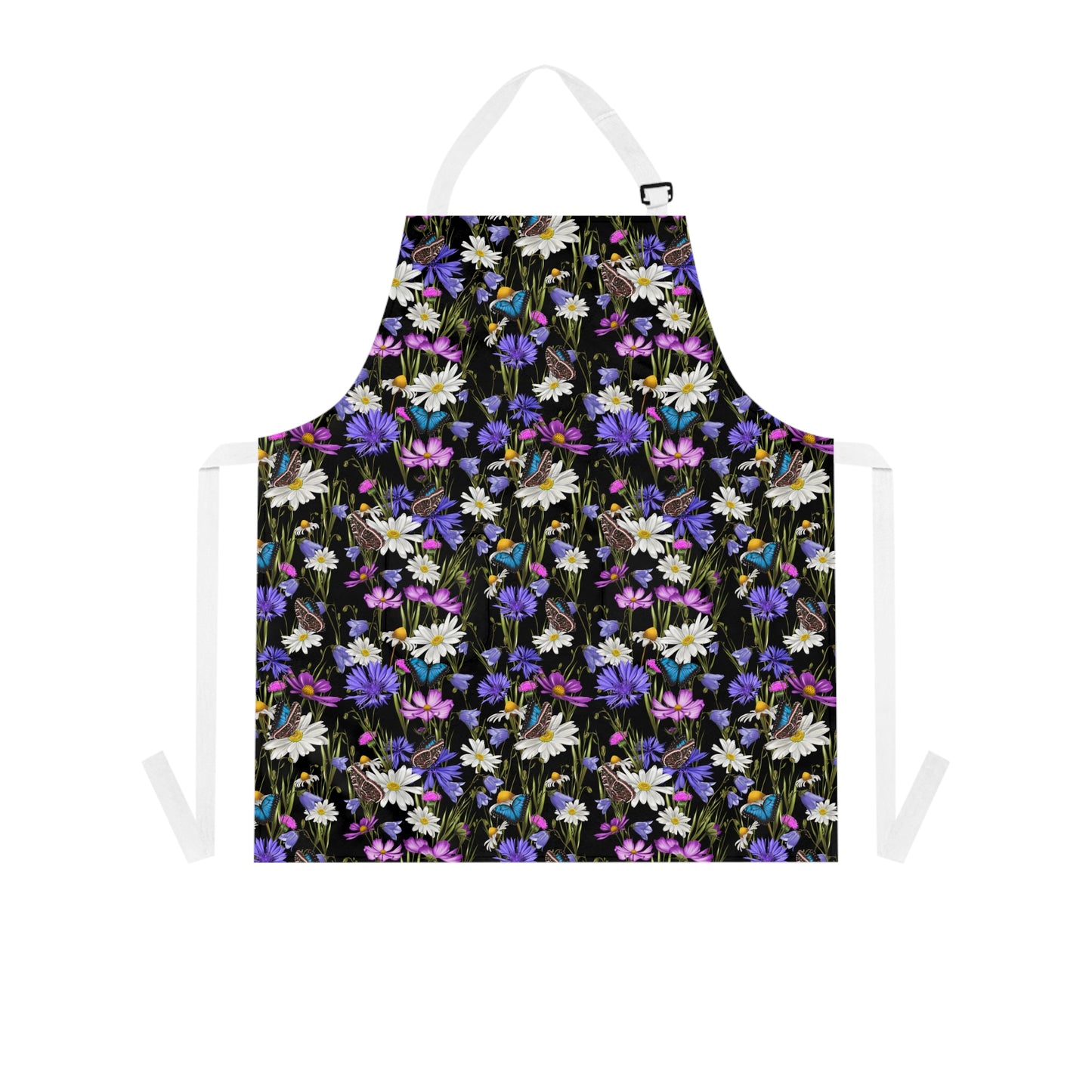 Purple and white wildflowers Apron with cute butterflies. Mothers Day gift for garden lover or grandma