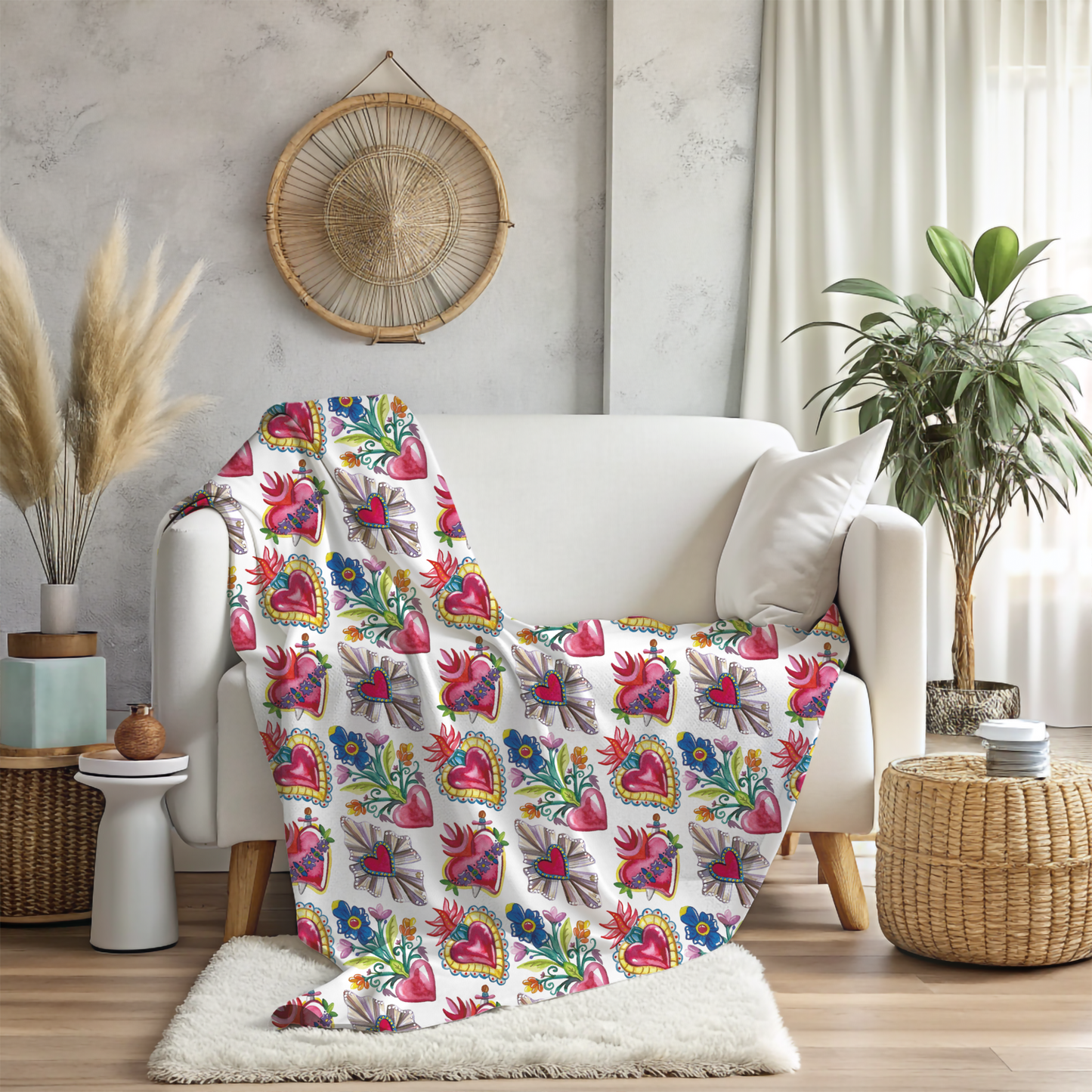 Latin Soft and big Blanket with milagritos desing. Sacred Hearts Printed on Both Sides throw blanket. 80x60β Inches.