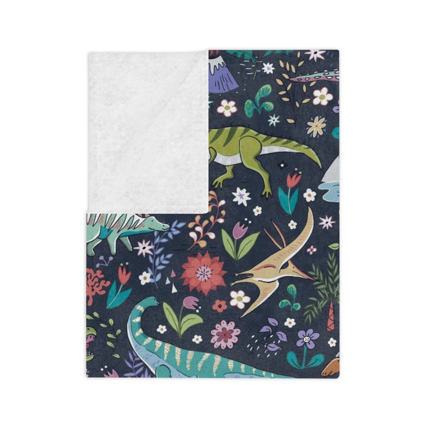 Dinosaur world Velveteen Minky Blanket with dark background.