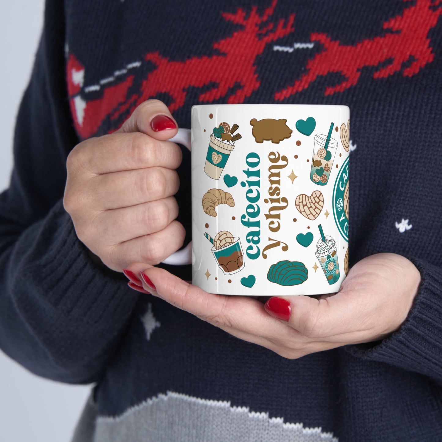 cafecito y chisme Ceramic Mug 11oz for comadre, ahijada or Mexican best friend. Navidad gift for her.