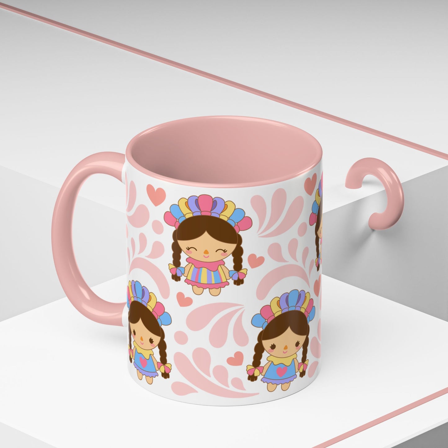 Pink Talavera and Mexican Doll coffee mug , Christmas Birthday Gift, Mexican Heritage Kitchen Decor, Microwavable Dishwasher Safe, Accent