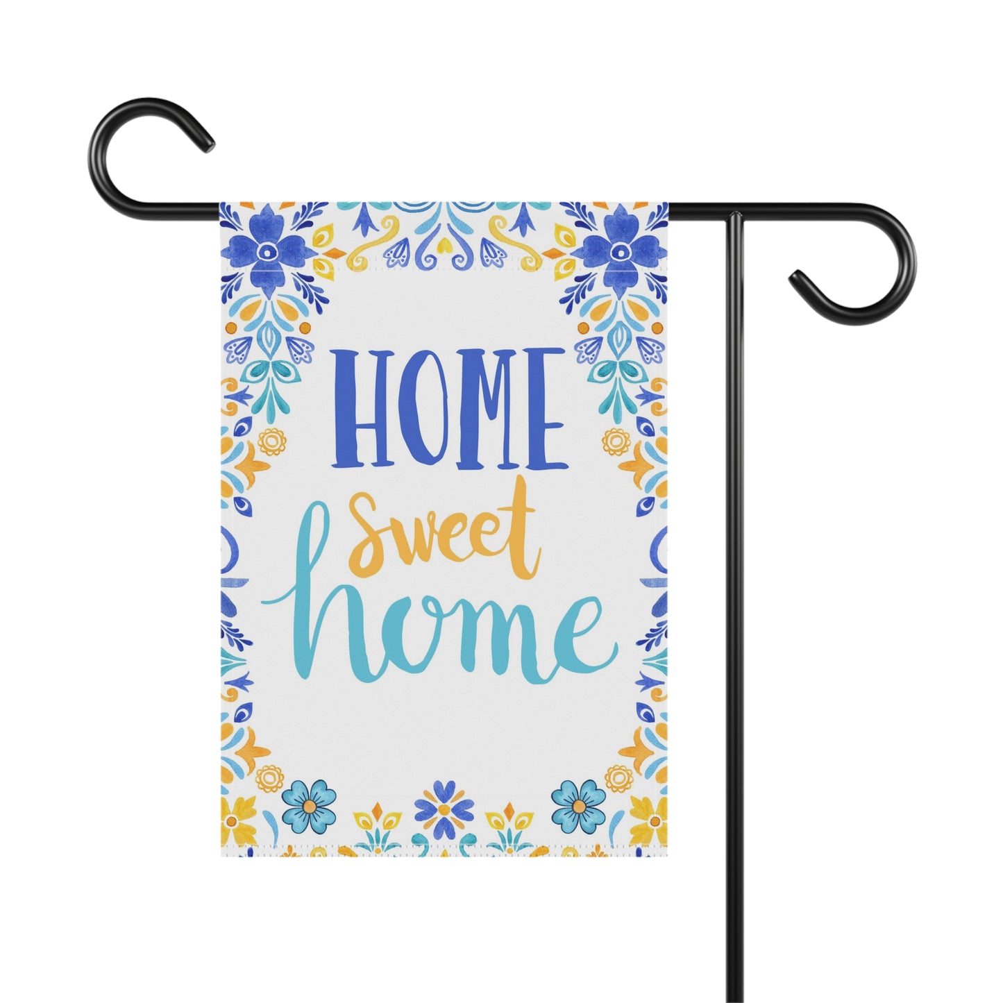 Home sweet home Garden Banner. Blue, white and yellow garden flag with mexican talavera.