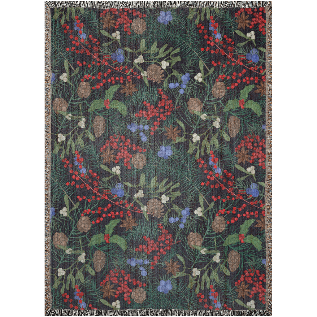 Winter Plant Woven Blanket With Pinecones, Winterberry, Fern Stems. Botanical Home Decor.