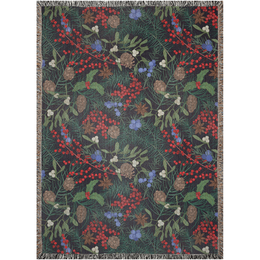 Winter Plant Woven Blanket With Pinecones, Winterberry, Fern Stems. Botanical Home Decor.