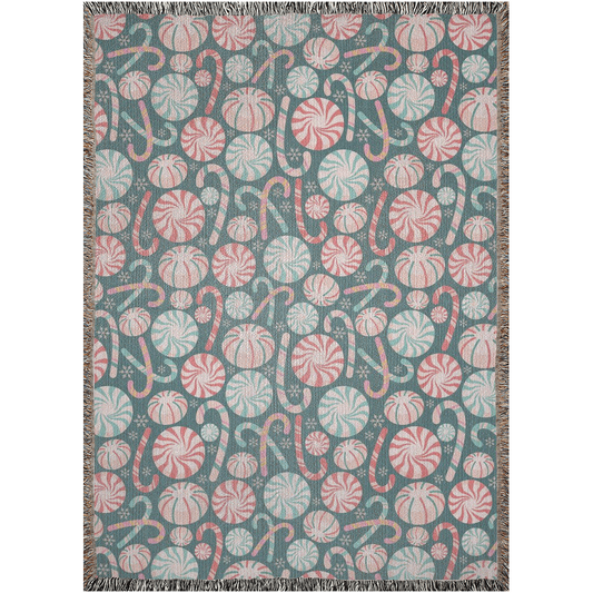 Pastel colors Christmas Woven Blanket with candy canes. Christmas candy home decor for holiday season