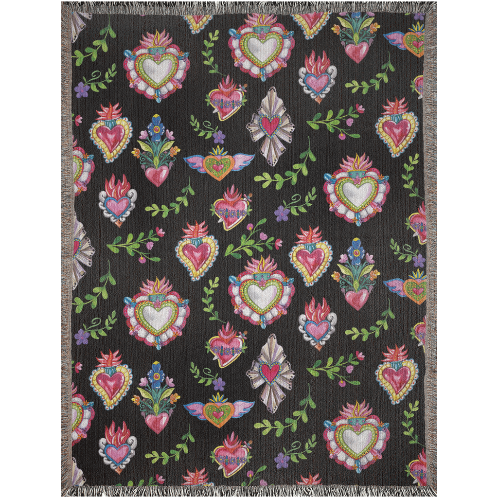 Sacred hearst with leaves and black background woven Blanket. Mexican blanket with mecican folk art.s
