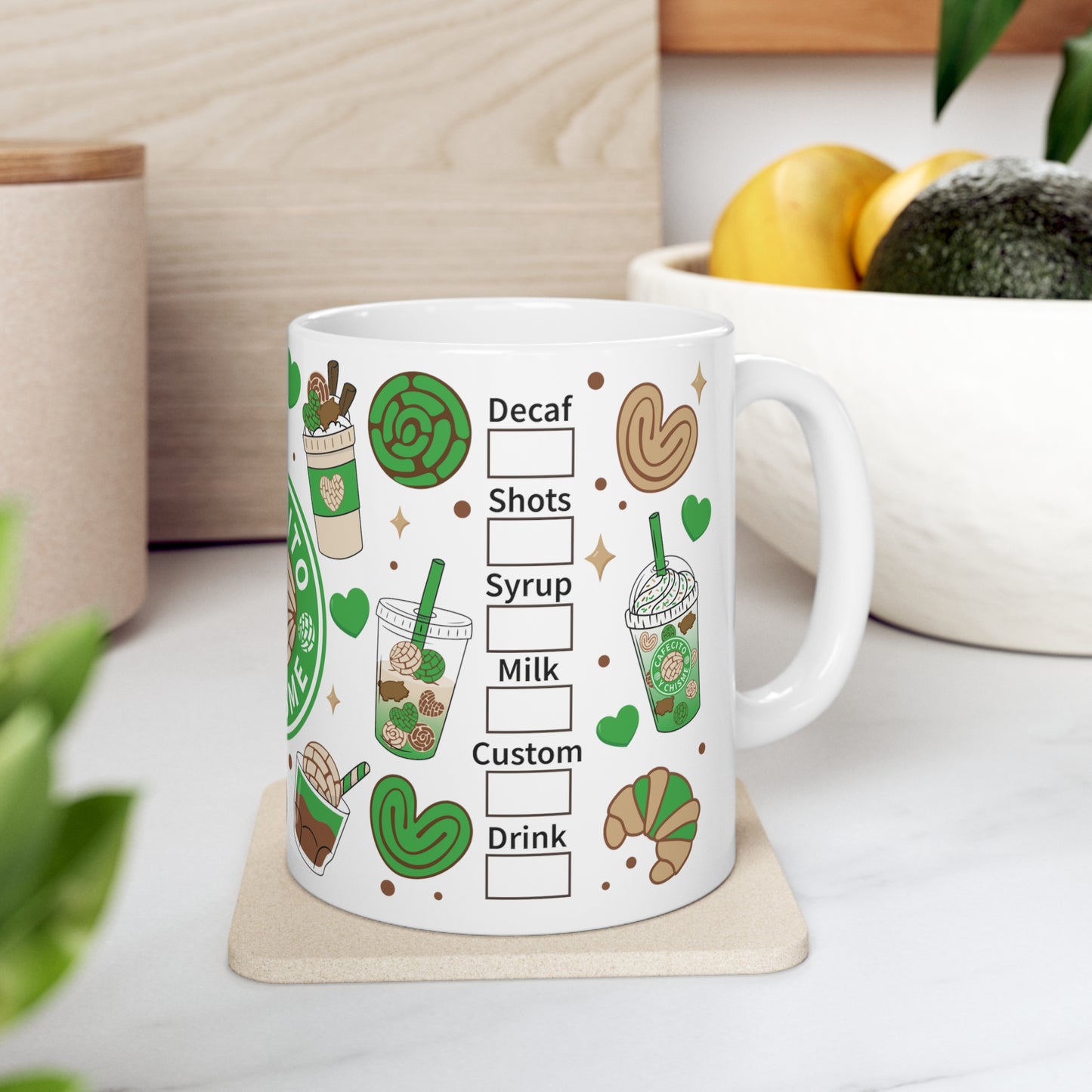Green chismecito y cafe Ceramic Mug 11oz for comadres and best friends . Godmothers Christmas gift ideas. Navidad gift for Mexican family. Mexican coffee