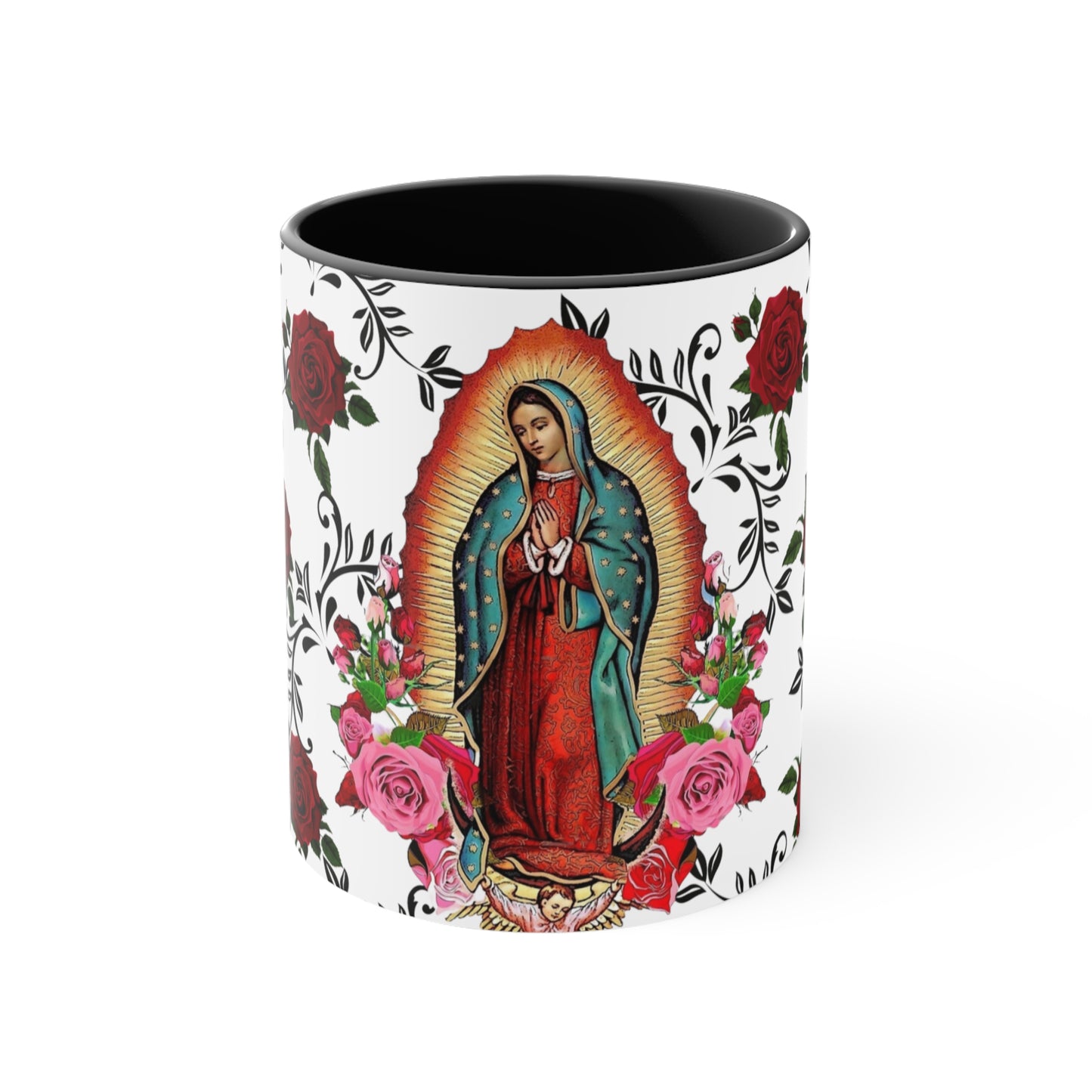 Virgen de Guadalupe Coffee Mug, 11oz. Lady guadalupe with roses and leaves.