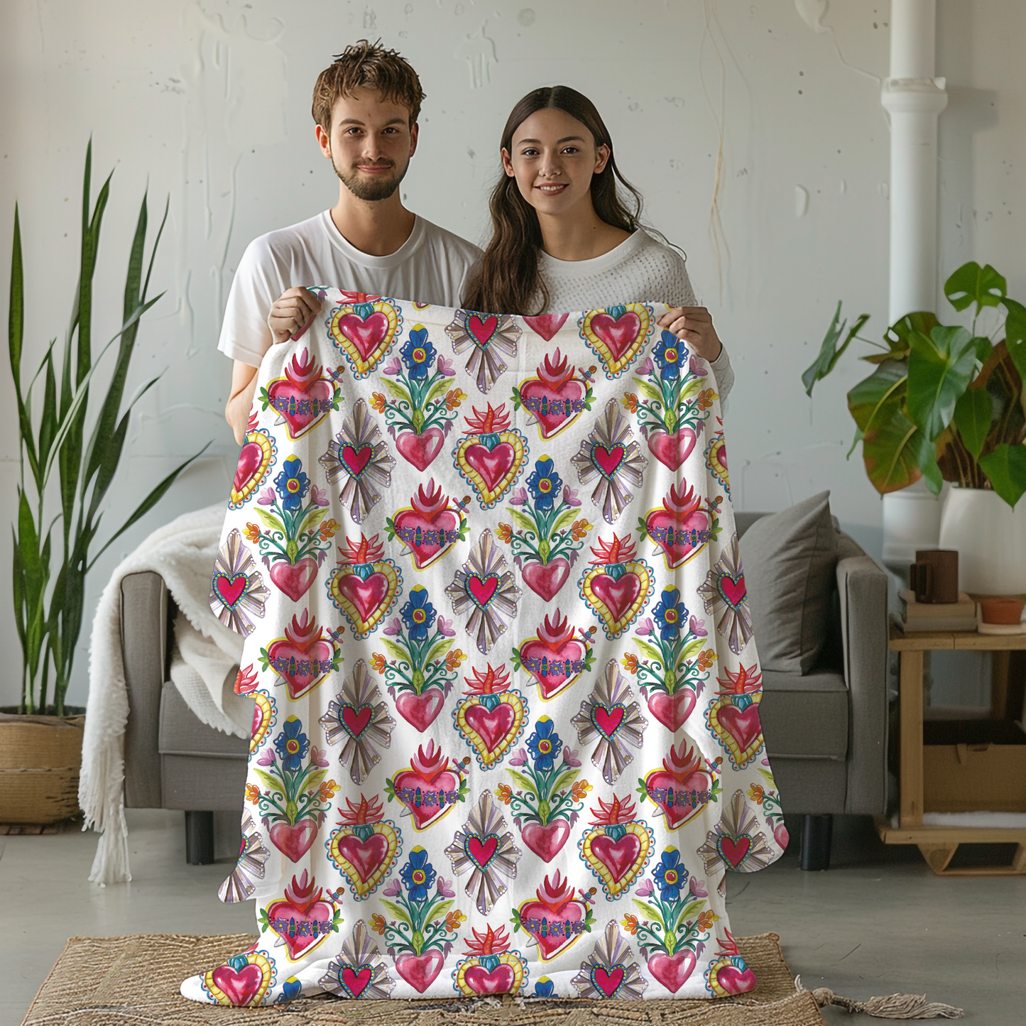 Latin Soft and big Blanket with milagritos desing. Sacred Hearts Printed on Both Sides throw blanket. 80x60β Inches.