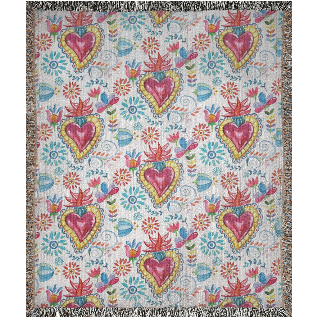 Sacred hearts with blue flowers Woven Blankets. Mexican folk blanket for her. Sagrado corazon. Milagritos cobija