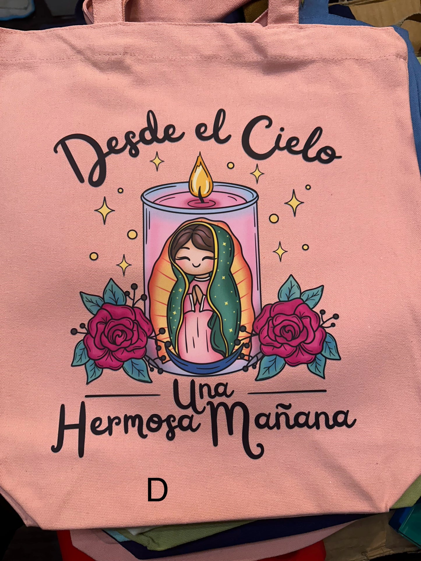 Desde el cielo una hermosa mañana tote bag. Virgencita de Guadalupe.
