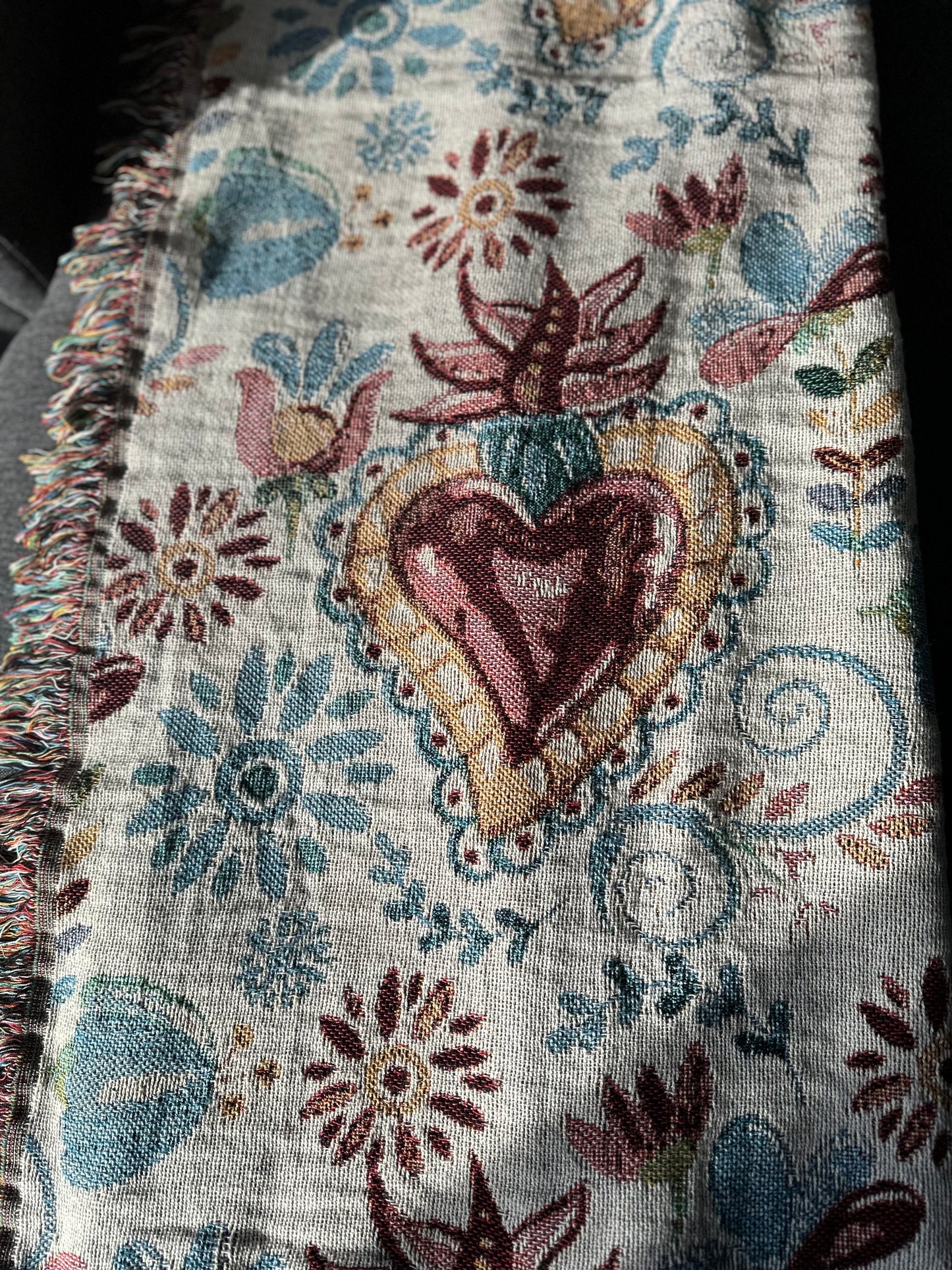 Sacred hearts with blue flowers Woven Blankets. Mexican folk blanket for her. Sagrado corazon. Milagritos cobija
