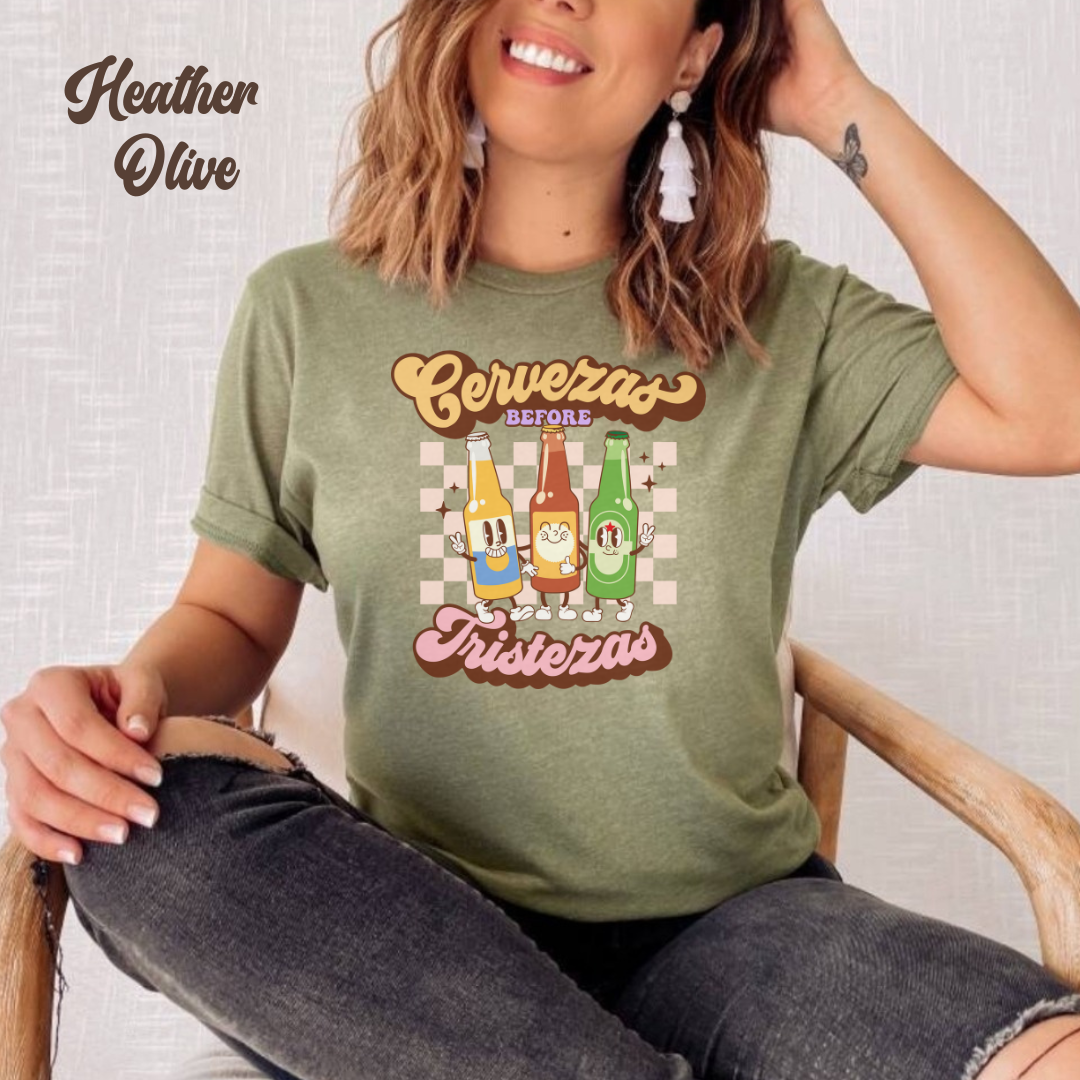 Cerveza before tristeza Unisex Heavy Cotton shirt for Mexican or borracho. Funny mexican shirt for her or him. Mexican beers. Vintage beer.