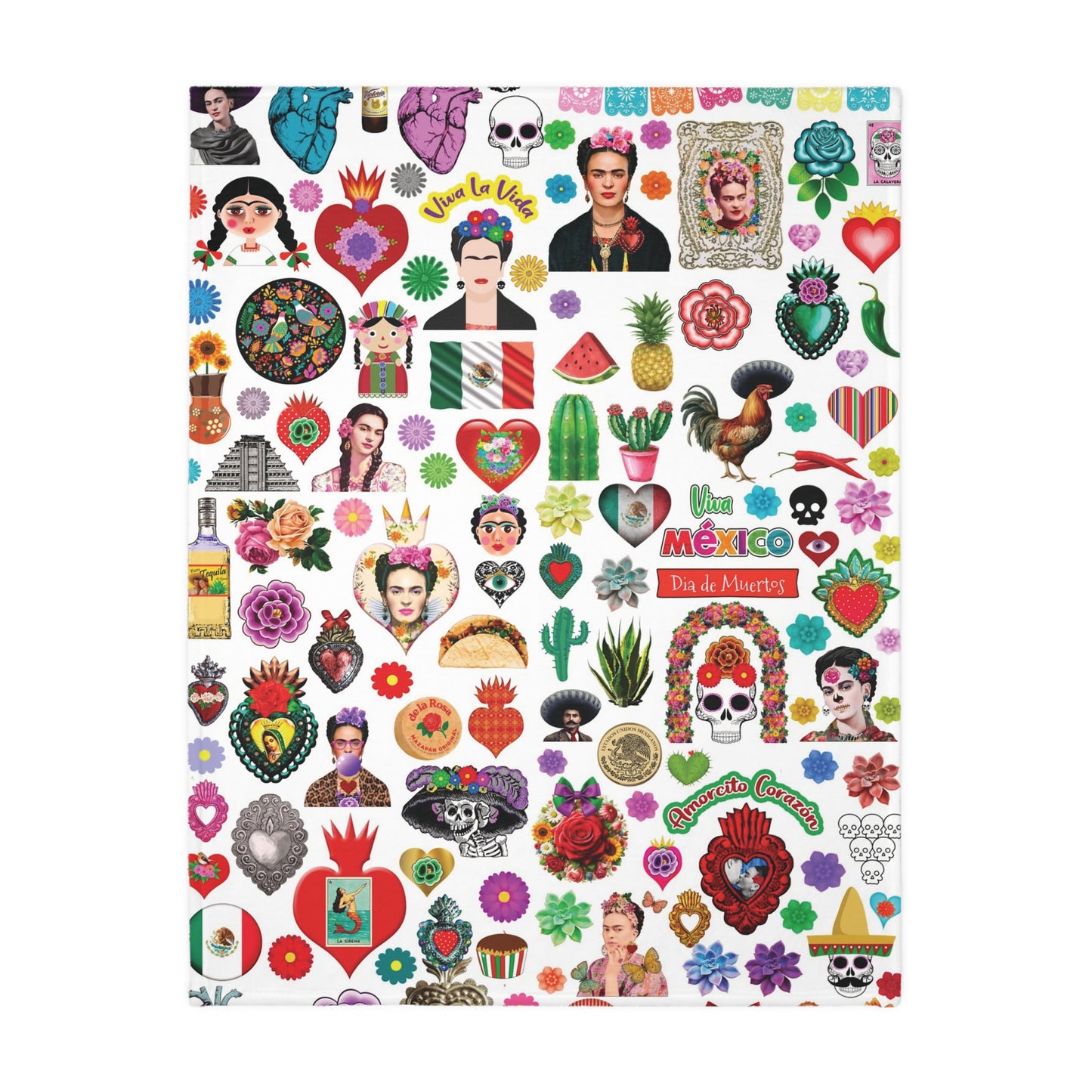 Mexican folk art with Frida Khalo, milagritos and more Mexican art. Mexican blanket 80x60β soft and printed on both sides.