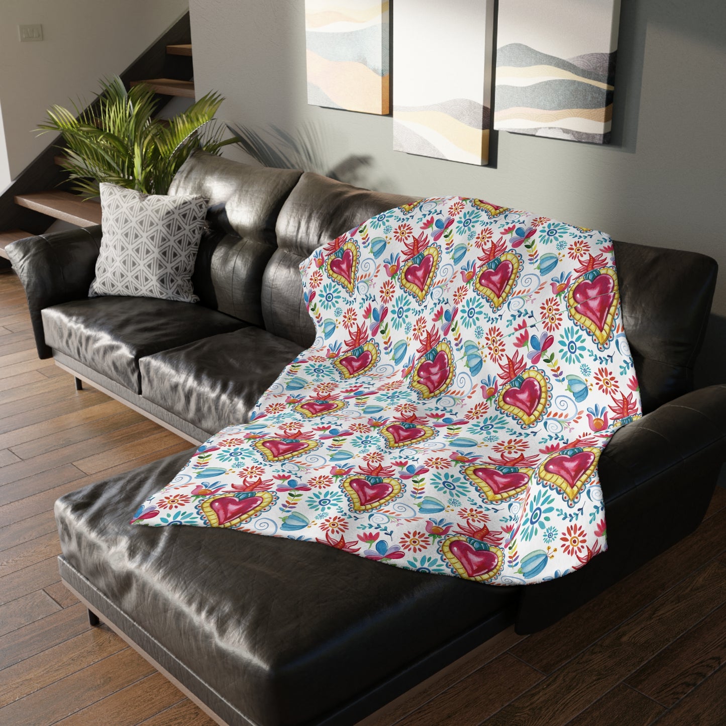 Milagritos blanket. Sacred hearts with blue flowers 80x60” soft blanket for Latin mom or Latina friend.