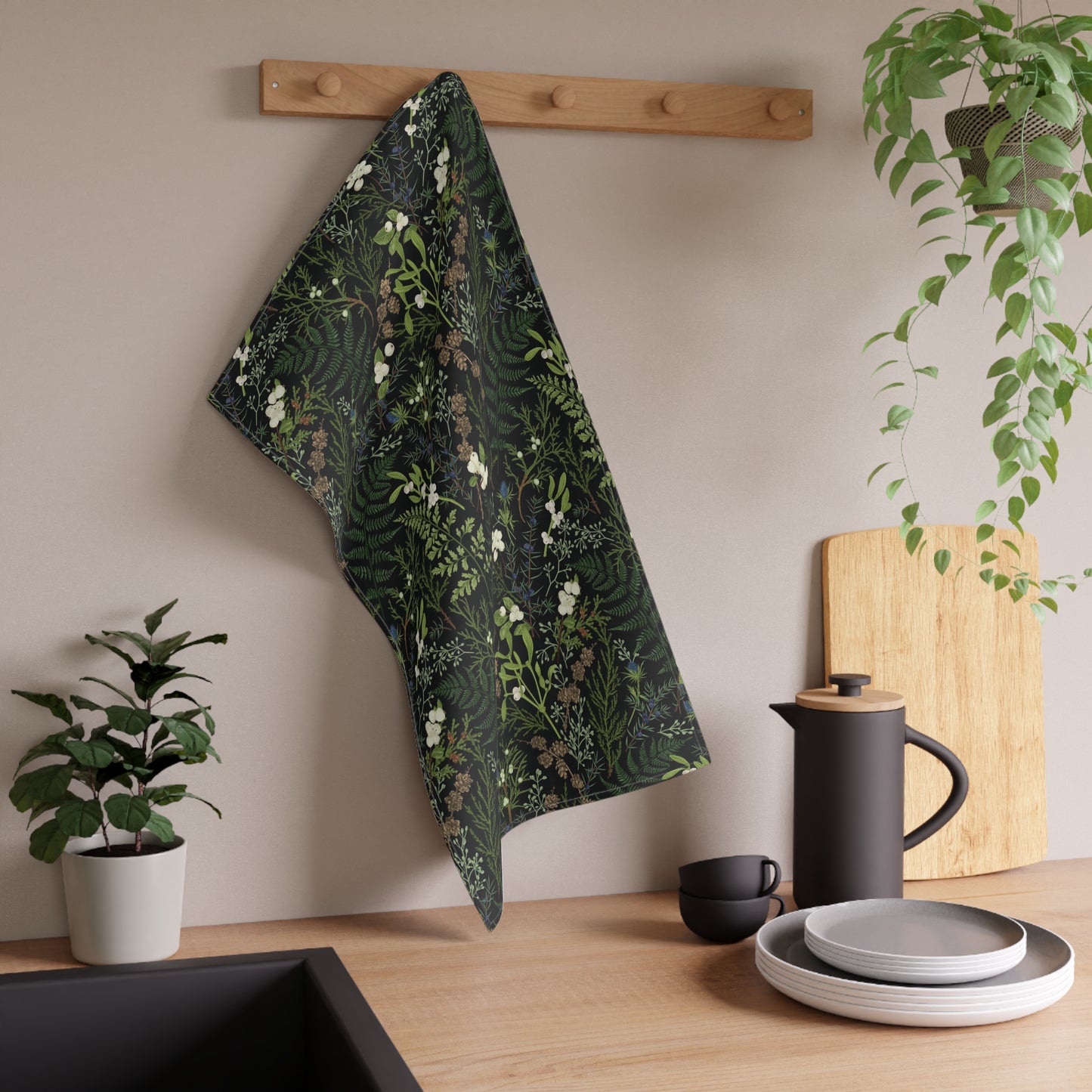 Ferns and plant leaves tea towel. Set of 2 cotton Plants kitchen towel.