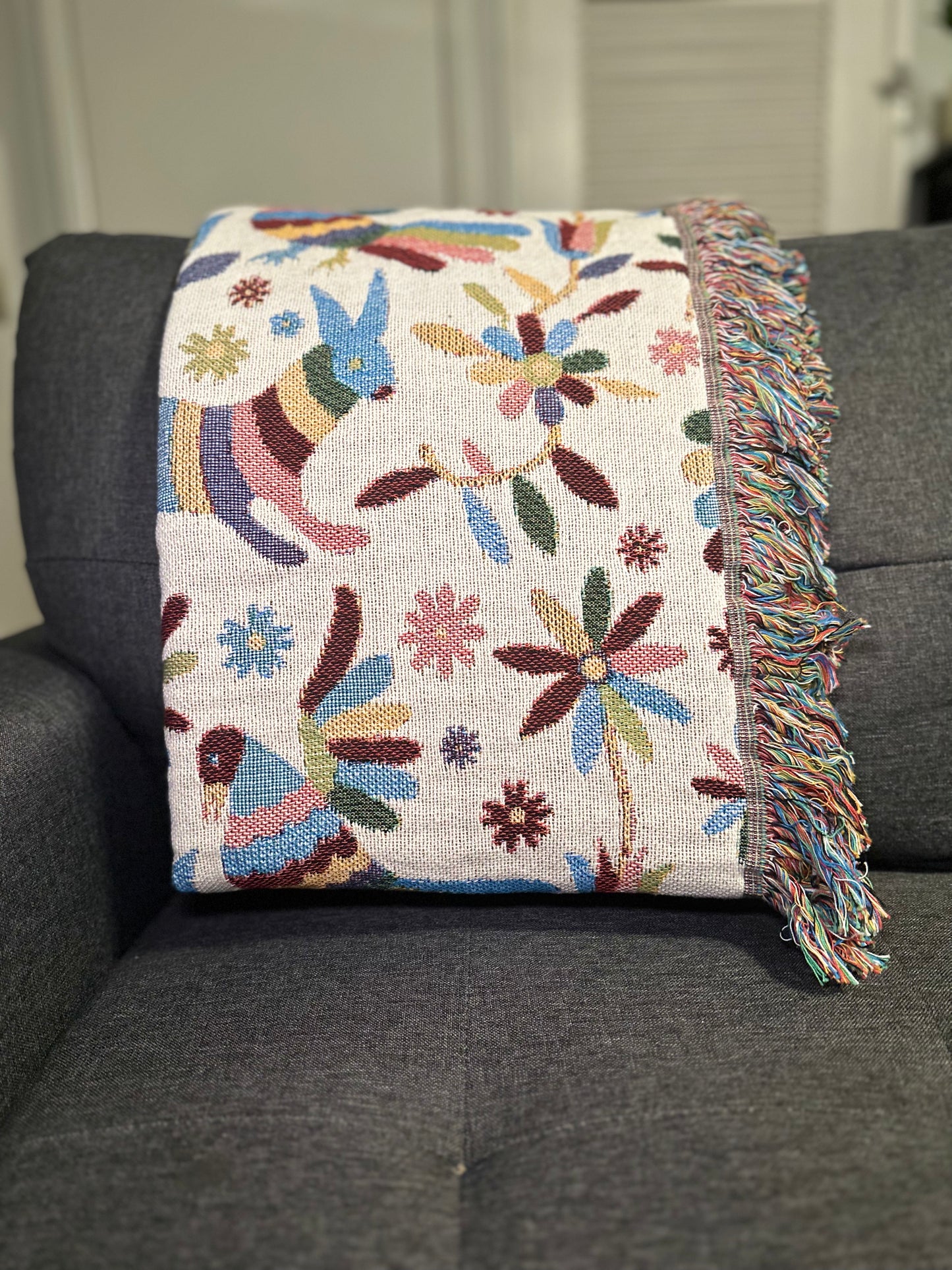 Colorful Otomi Woven Blankets for Mexican home decor.