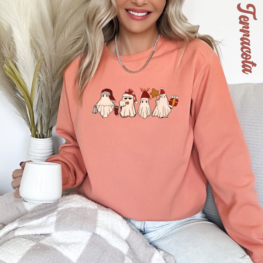 Christmas ghost Unisex Sweatshirt comfort colors. Cute ghosts with Christmas accessories for her or him. Holiday sweatshirts