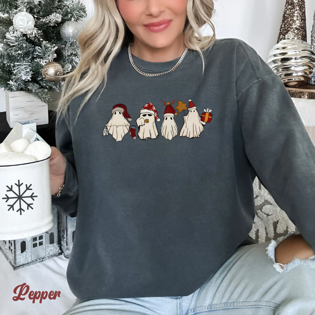 Christmas ghost Unisex Sweatshirt comfort colors. Cute ghosts with Christmas accessories for her or him. Holiday sweatshirts