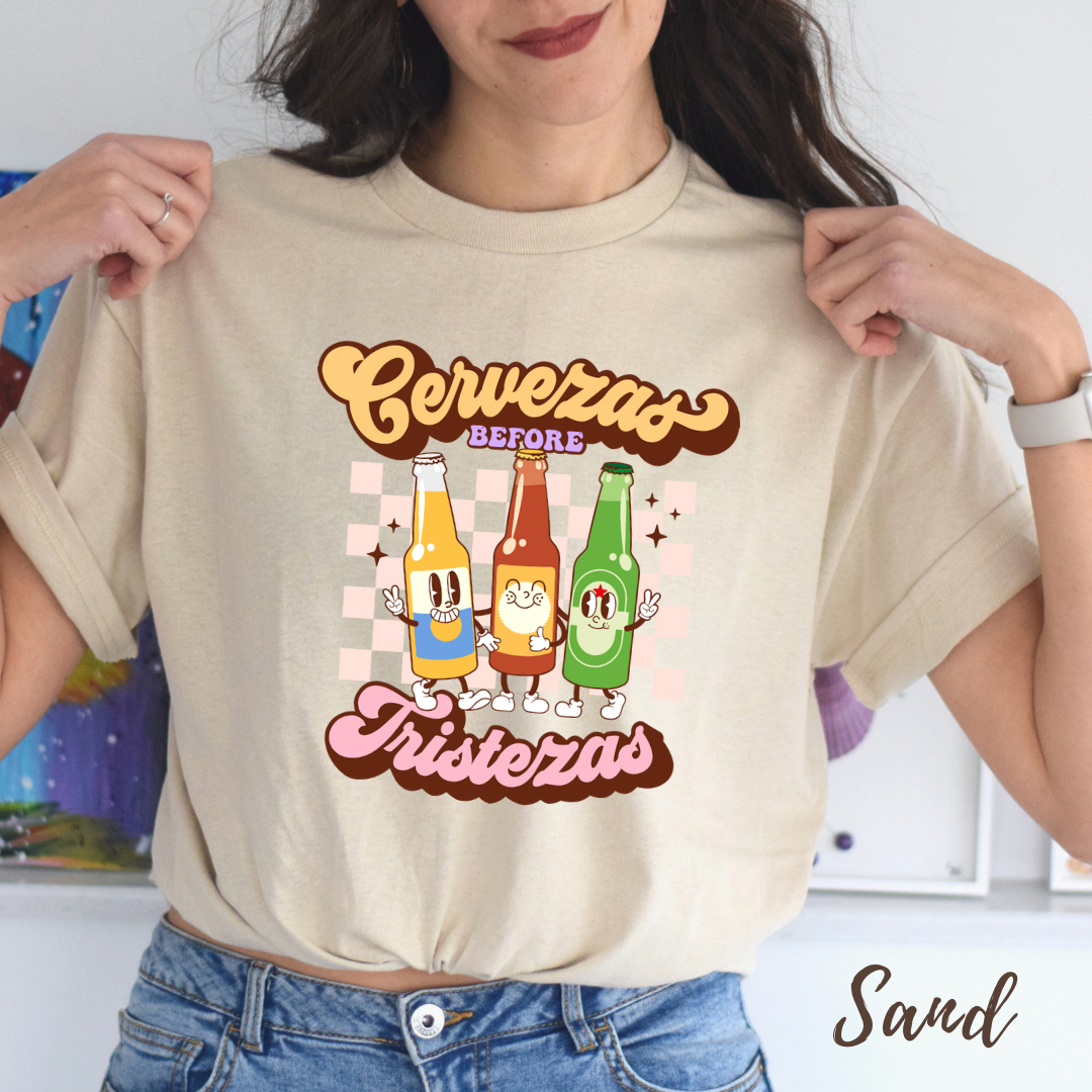 Cerveza before tristeza Unisex Heavy Cotton shirt for Mexican or borracho. Funny mexican shirt for her or him. Mexican beers. Vintage beer.