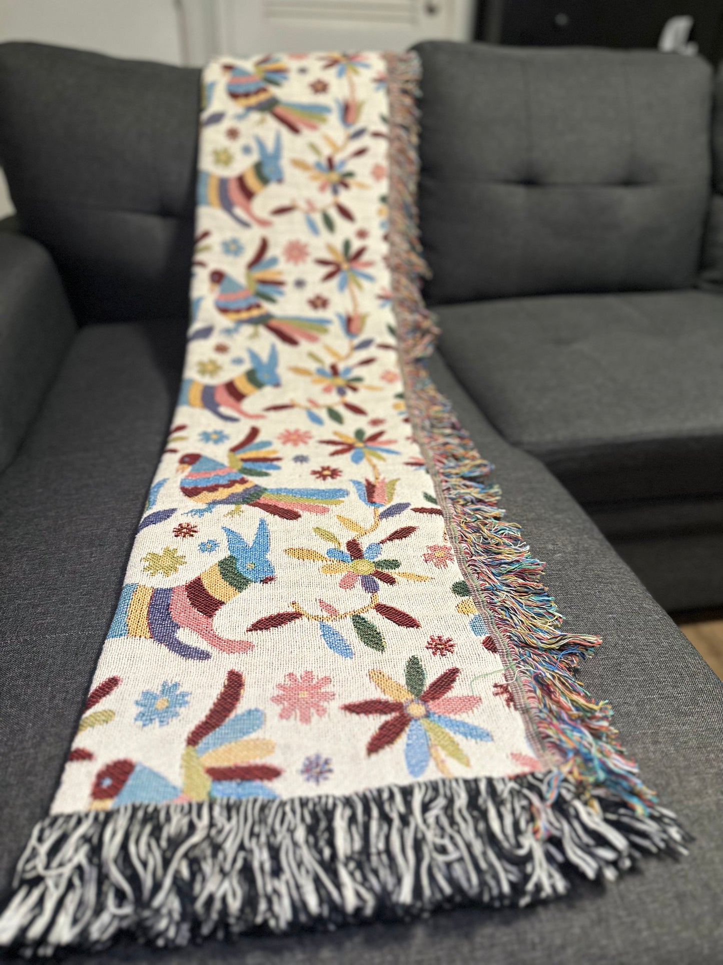 Colorful Otomi Woven Blankets for Mexican home decor.