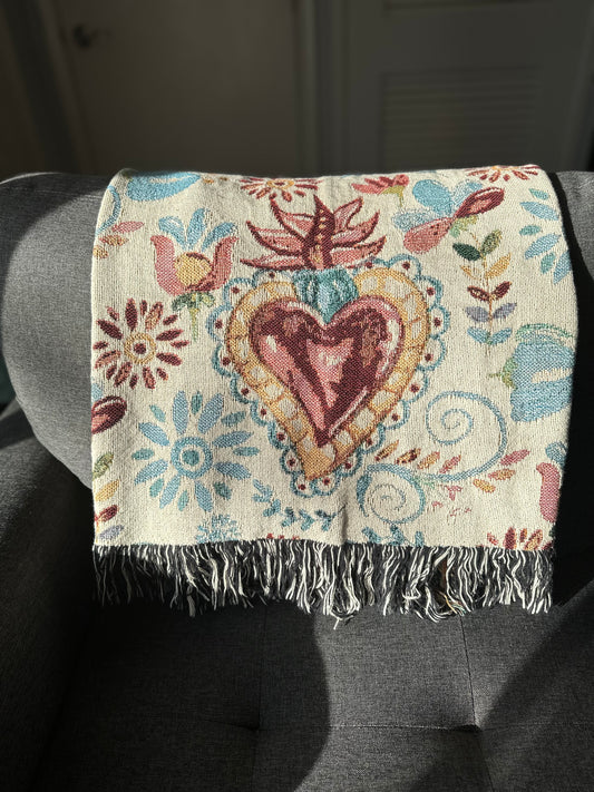 Sacred hearts with blue flowers Woven Blankets. Mexican folk blanket for her. Sagrado corazon. Milagritos cobija