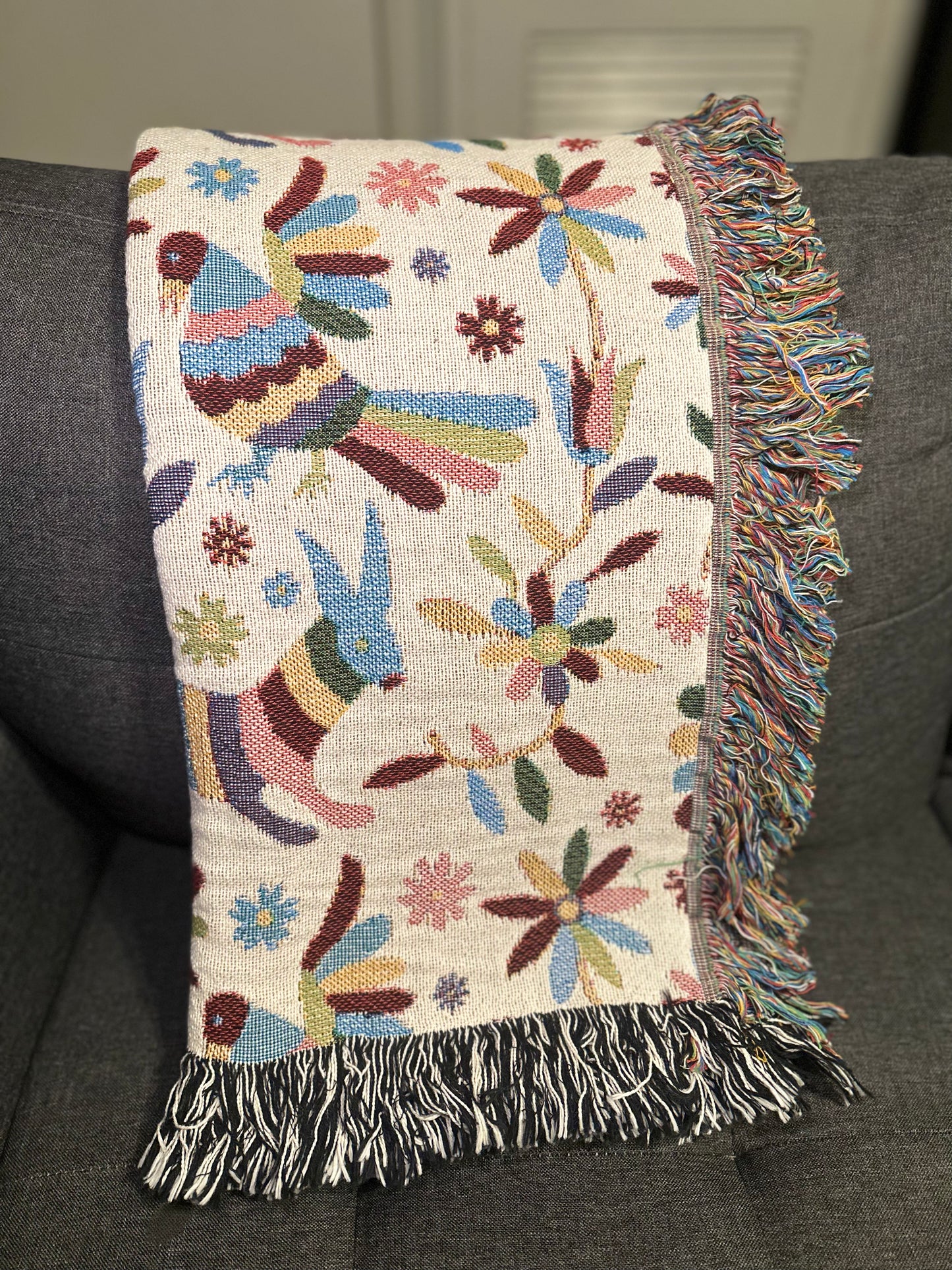 Colorful Otomi Woven Blankets for Mexican home decor.