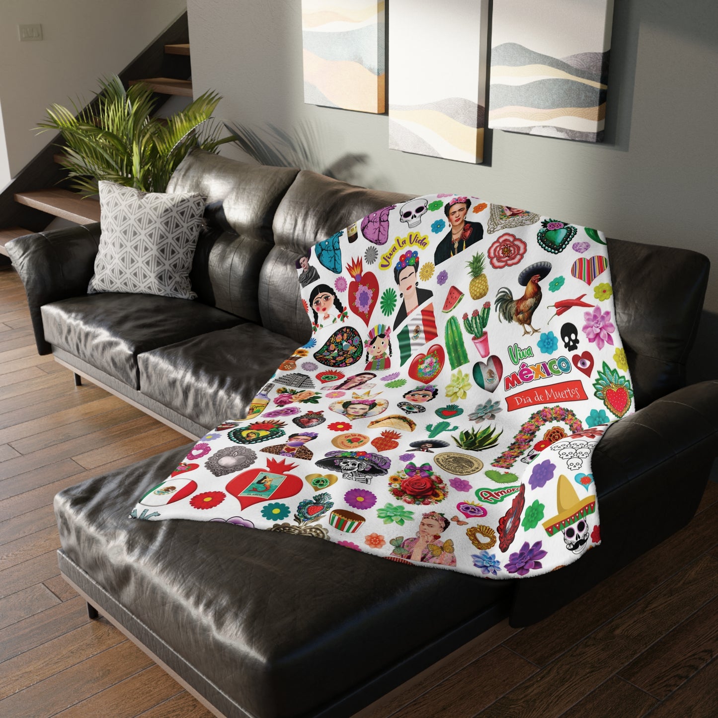 Mexican folk art with Frida Khalo, milagritos and more Mexican art. Mexican blanket 80x60β soft and printed on both sides.