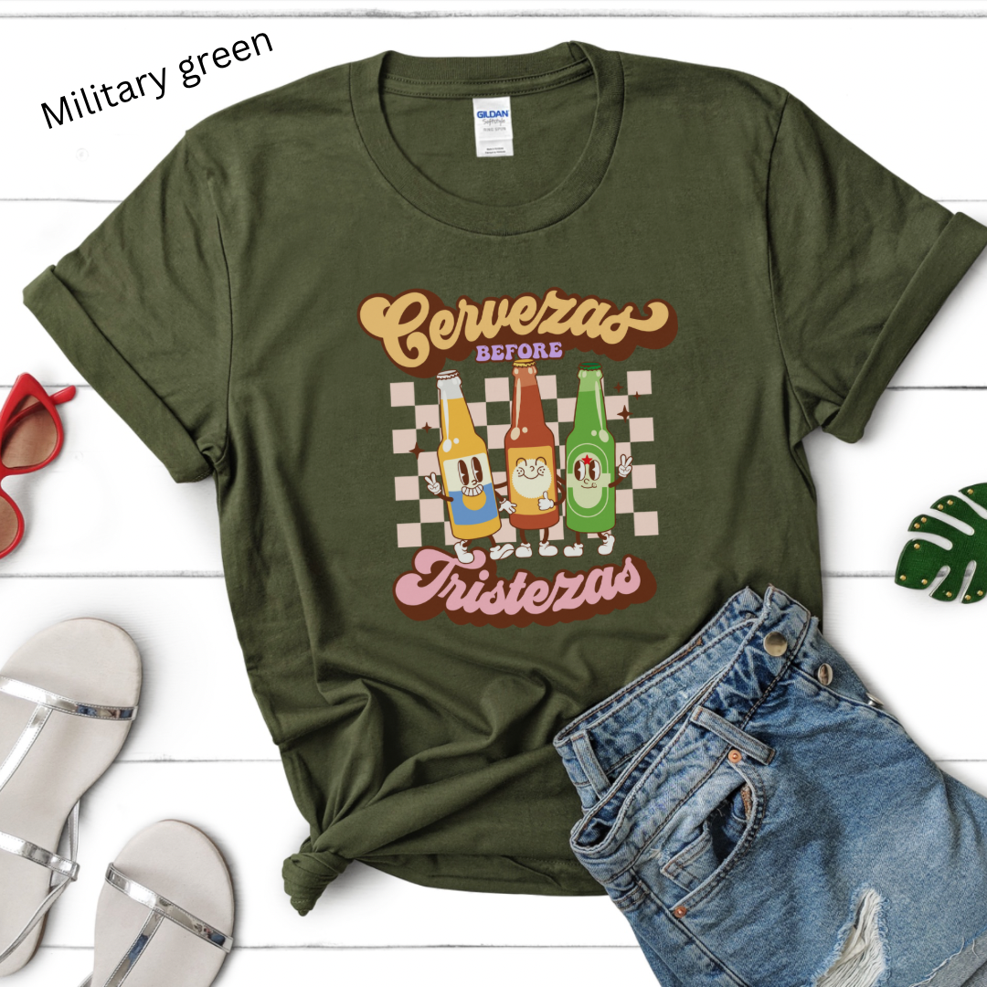 Cerveza before tristeza Unisex Heavy Cotton shirt for Mexican or borracho. Funny mexican shirt for her or him. Mexican beers. Vintage beer.