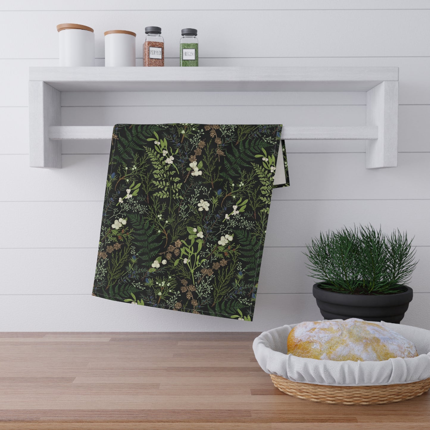 Ferns and plant leaves tea towel. Set of 2 cotton Plants kitchen towel.