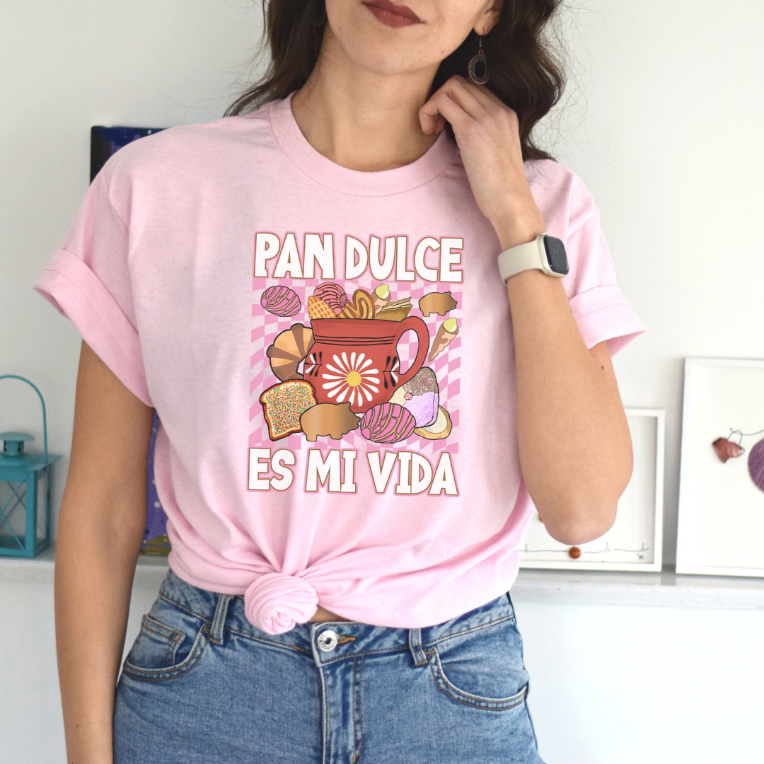 Pan dulce es mi vida tshirt. Mexican shirt for her or him. Unisex Heavy Cotton Tee with Mexican pastries. Cafecito, concha y chisme