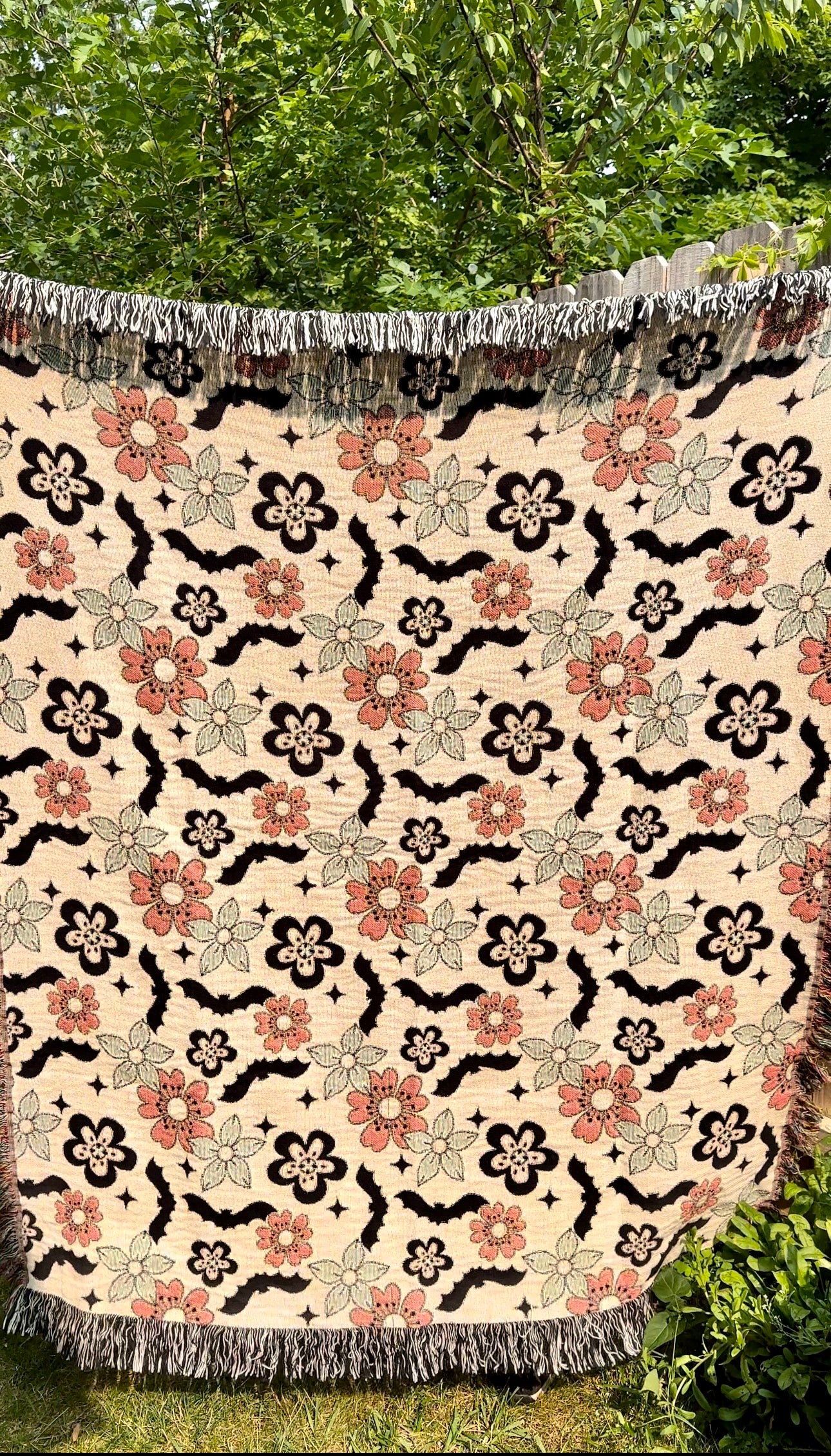 Bats and flowers woven blanket. Halloween throw Blankets.