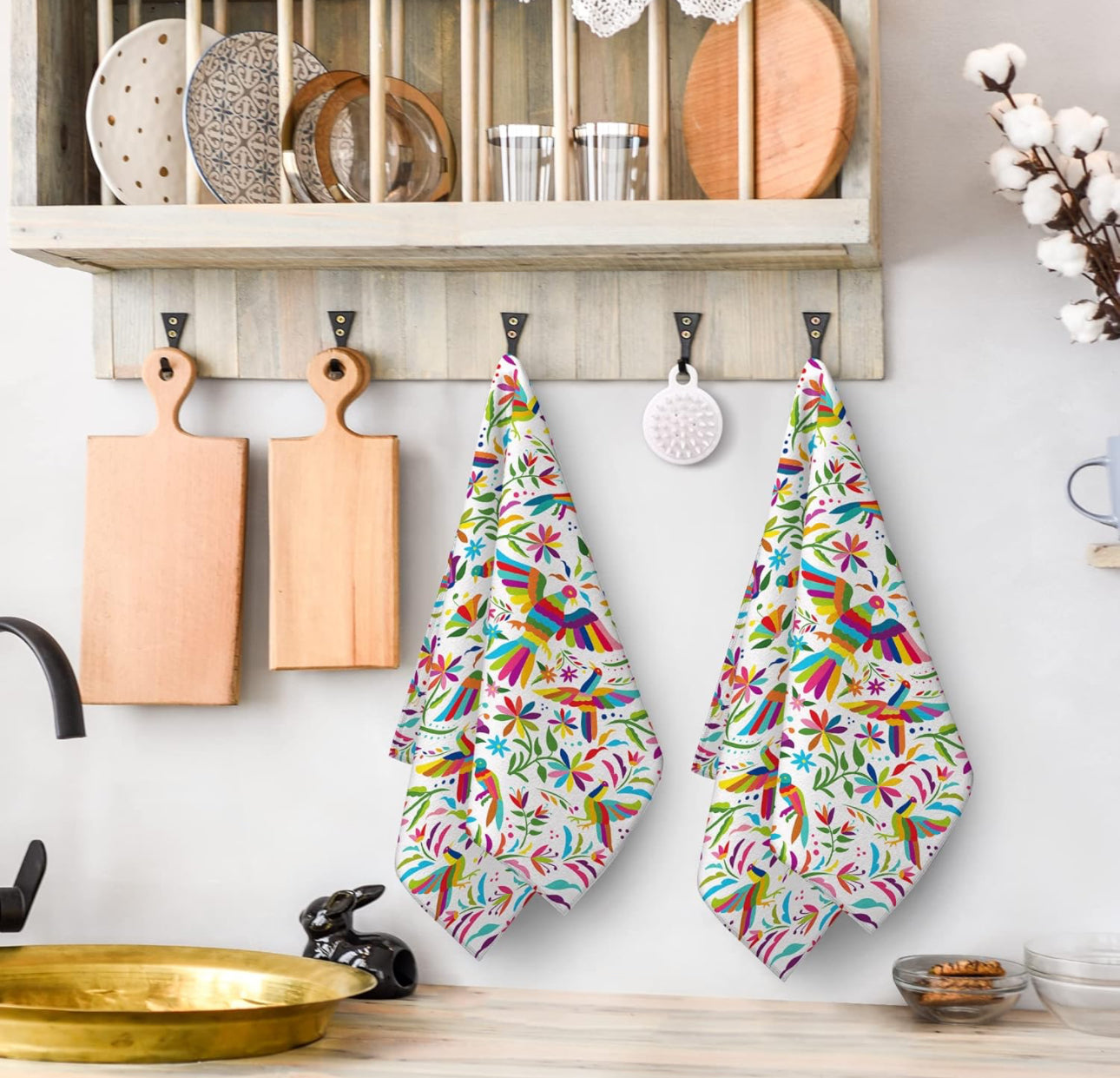 Mexican folk art kitchen towel. Mother’s Day gift for Mexican mom. Otomi art. Mexican folk art towel