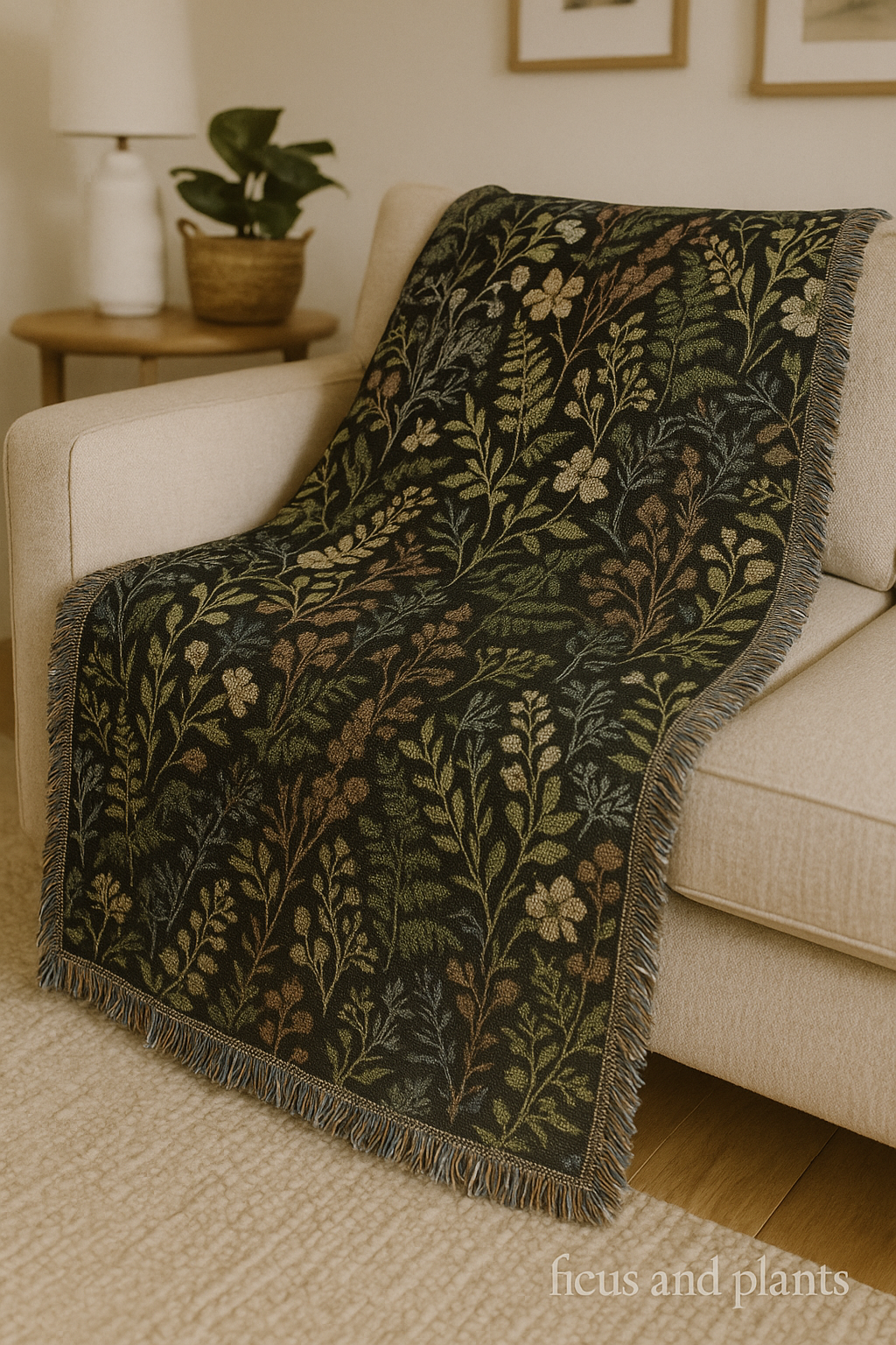 Fern Leaves Woven Blanket. Plant Leaves With green foliage and evergreen plants blanket. Forest deco. Botanical blanket